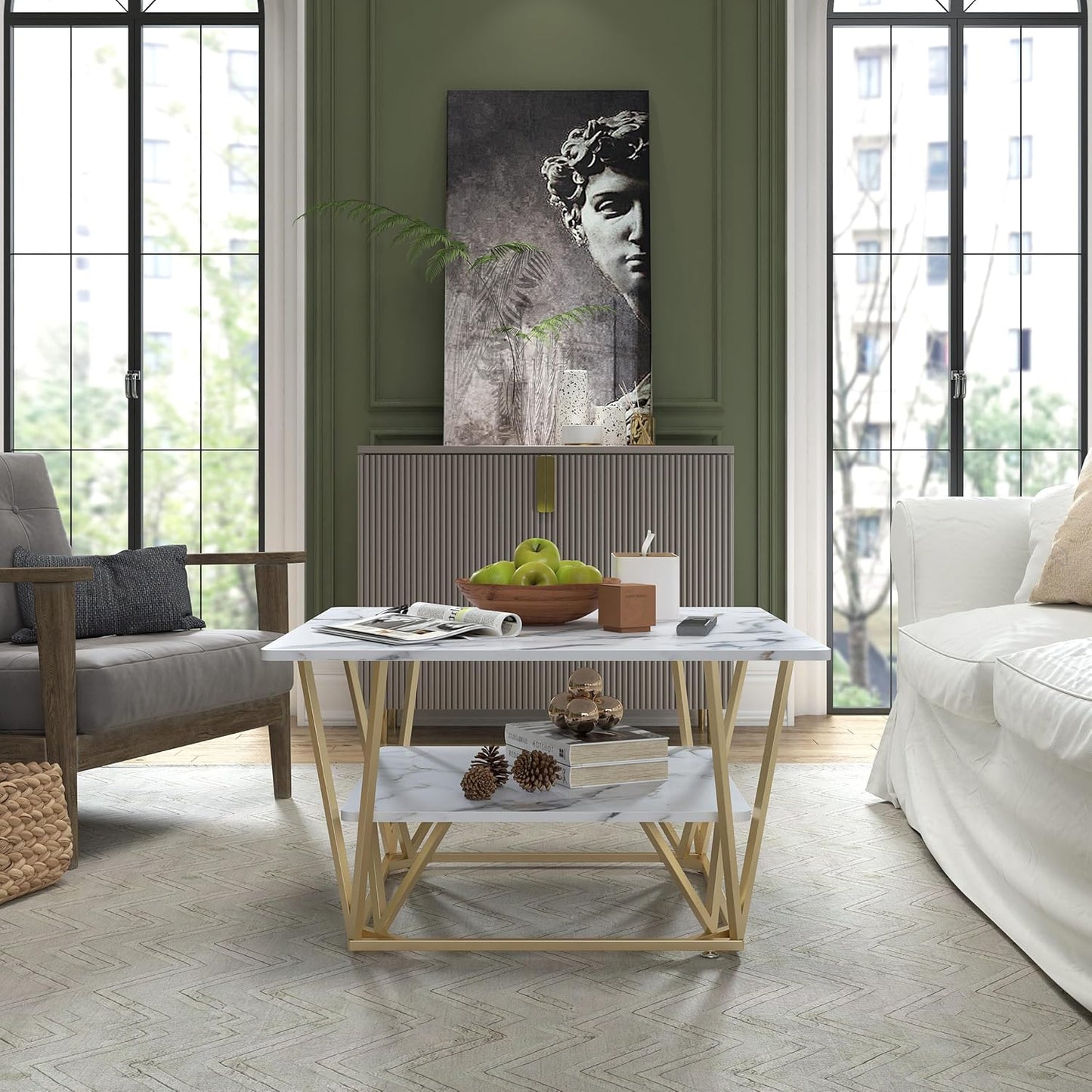 Elephance Square Coffee Table for Living Room, 31.5 Inch Modern Coffee Table with Storage, 2-Tier White and Gold, Wooden Tabletop-Marble White with Gold Frame