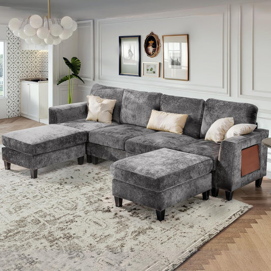 COLAMY 118" U-Shaped Sectional Couch, 4-Seat Modular Sofa with 2 Ottomans and Foldable Side Table, Grey for Living Room