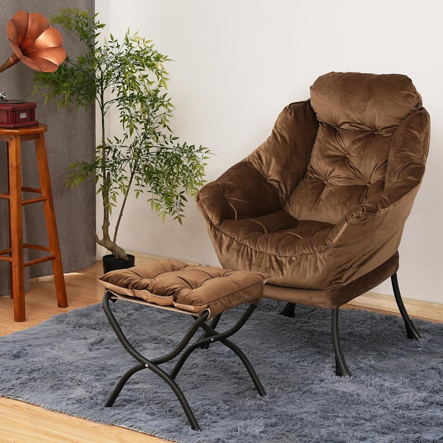 Lazy Chair with Folding Ottoman,Living Room Chairs, Accent Contemporary Lounge Chair, Single Steel Frame Leisure Sofa Chair with Armrests and A Side Pocket (Brown)