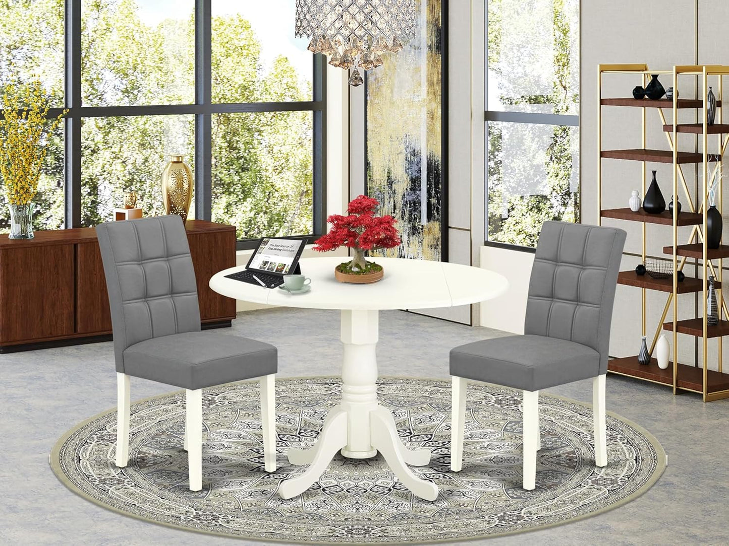 East West Furniture DLAS3-WHI-41 3 Piece Dining Table Set consists A Wooden Table and 2 Platinum Gray Polyester Fabric Kitchen Chairs with Stylish Back- Linen White Finish