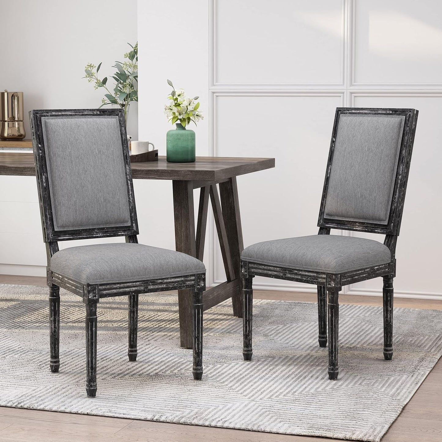 Christopher Knight Home Regina French Country Dining Chairs Set of 2, Wooden Dining Room Chair, High Back Kitchen Side Chair, Fabric Upholstered Armless Extra Seat, Gray