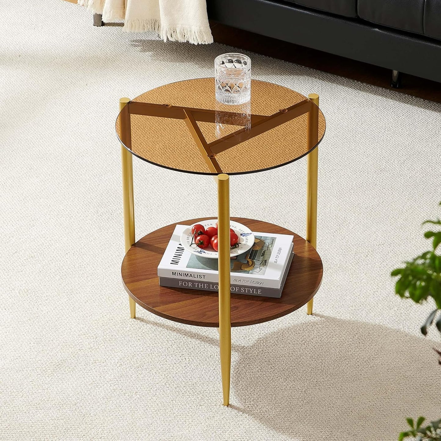 Round End Table, Mid-Century Modern Design, D20*H23 inch, for Living Room, 2-Tier Structure, Amber Glass Top and Walnut MDF Shelf, Sleek Conical Metal Legs with Gold Finish