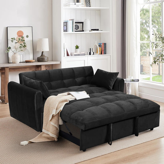 Ball & Cast 65" 3 in 1 Large Sleeper Sofa Bed,Velvet Upholstered Pull Out Couch with Adjustable Backrest&2 Pillows,Convertible Futon Sofa-Bed W/Side Pocket,Loveseat Chaise Lounge for Living Room,Black