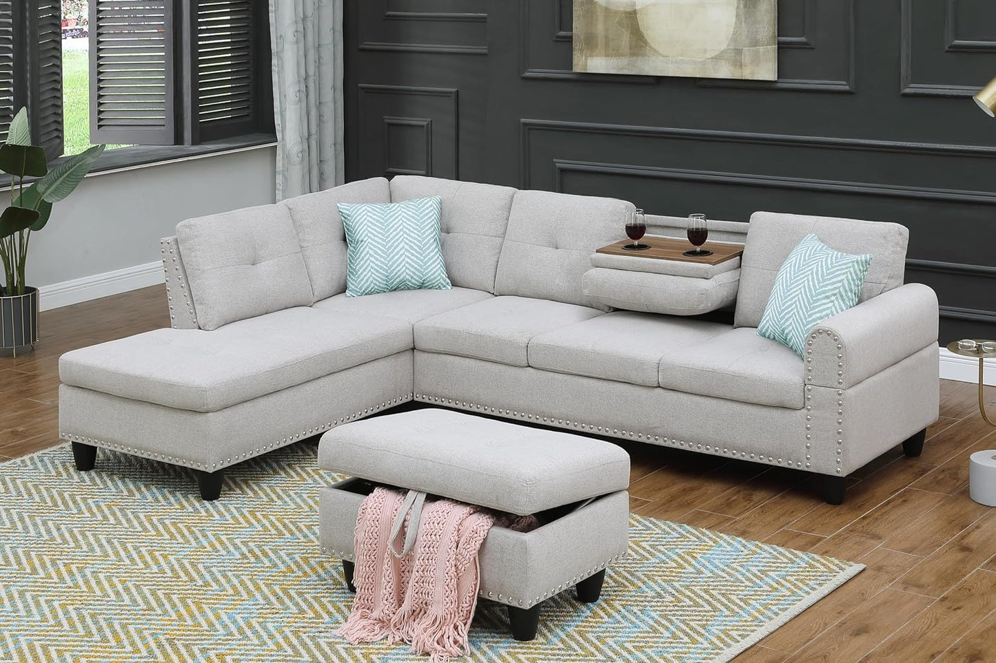 Ball & Cast 98" L Shaped Sectional Couch for Living Room with Chaise & Storage Ottoman,4 Seat Linen Upholstered Modular Sectional Sofa Set 3 PCS W/Cup Holder & Nailhead Trim,for Home,Office,Light Gray