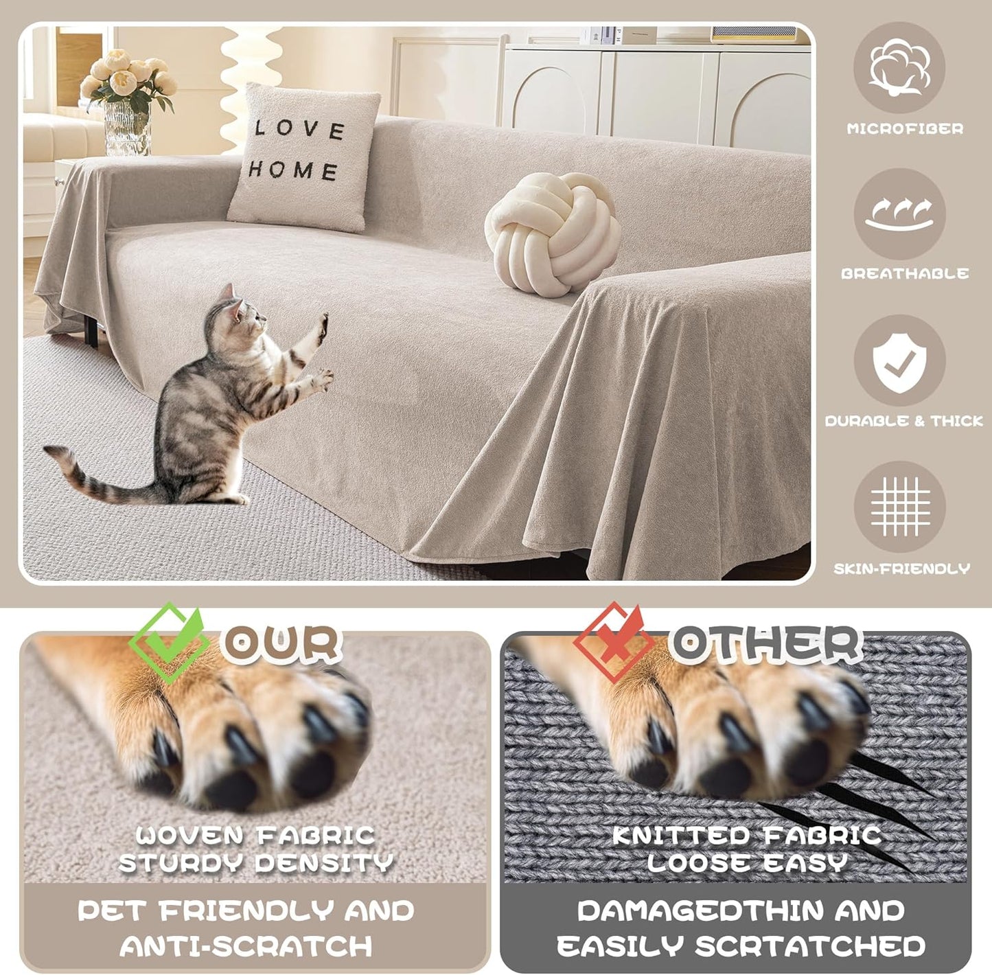 MYSKY HOME Couch Cover Sofa Covers for 3 Cushion Couch, Ultra - Soft Dog Couch Covers Protector for Sectional Sofa, Non Slip Sofa Slipcover Furniture Protector for Pet, 91" x 118", Oat