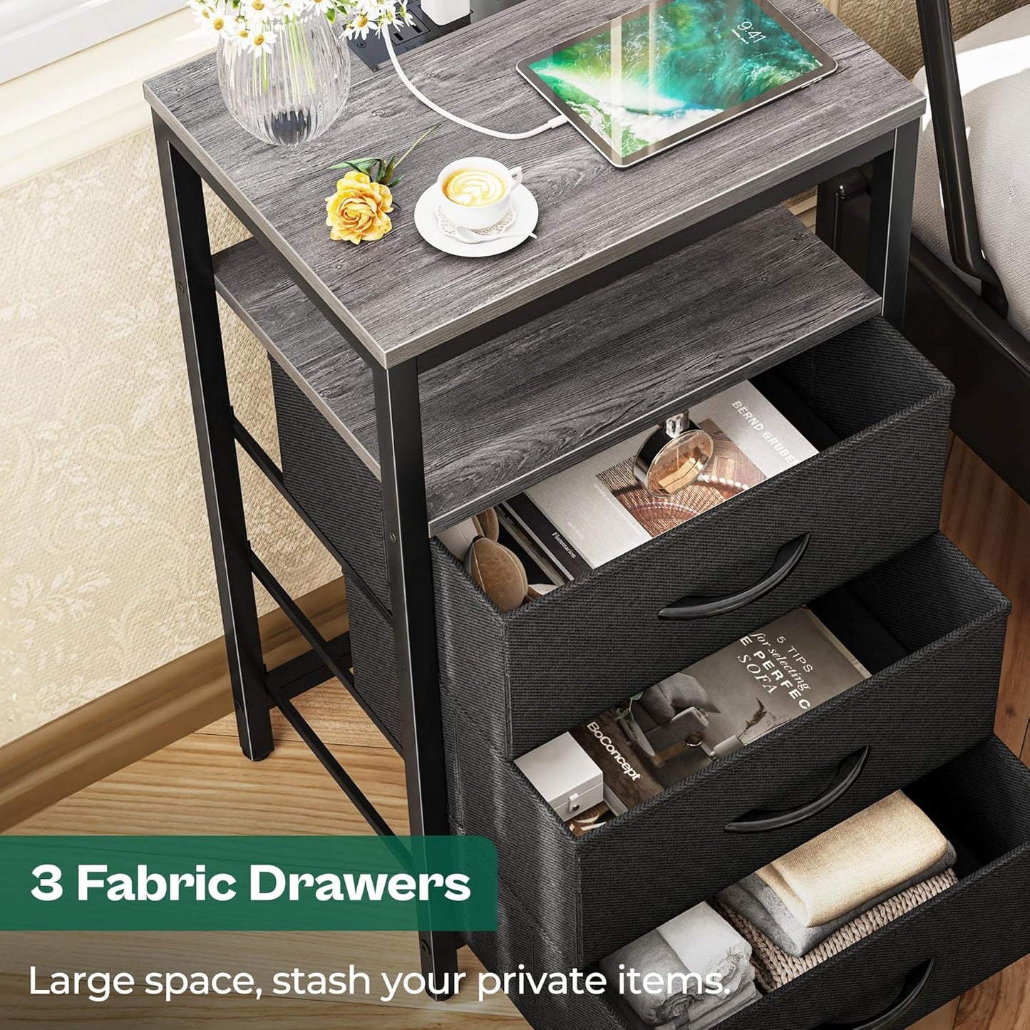 Huuger Nightstands Set of 2, 27.6 Inch End Tables with Charging Station, Fabric Drawers, Bedside Tables with USB Port and Outlet, Night Stands for Bedroom, Charcoal Gray