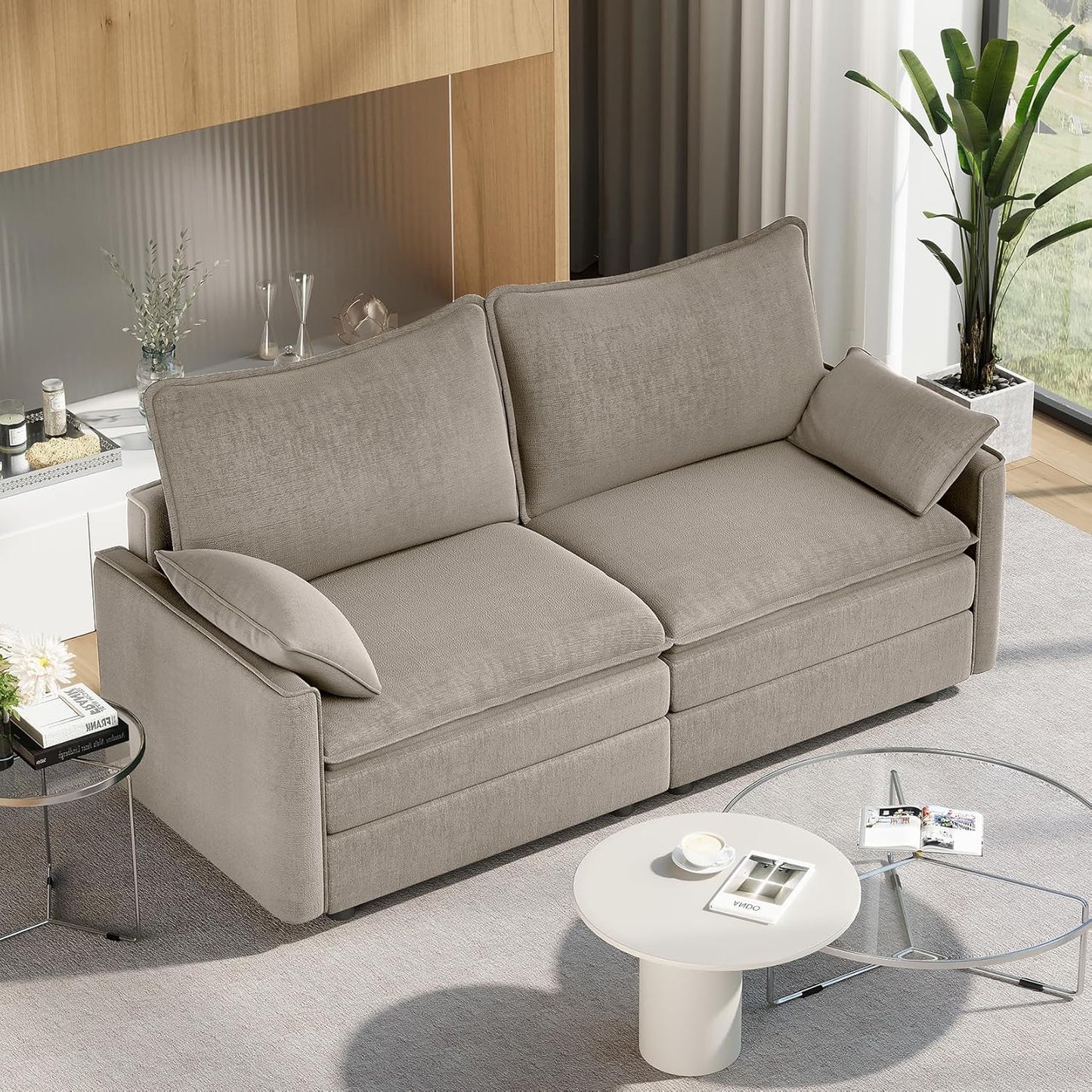 Vesgantti 74" Loveseat Sofa for Living Room, Comfy Cloud Couch Deep Seat Chenille Modern 2 Seater Small Sofa with Armrest Pillow, Easy Assembly for Small Spaces, Light Brown
