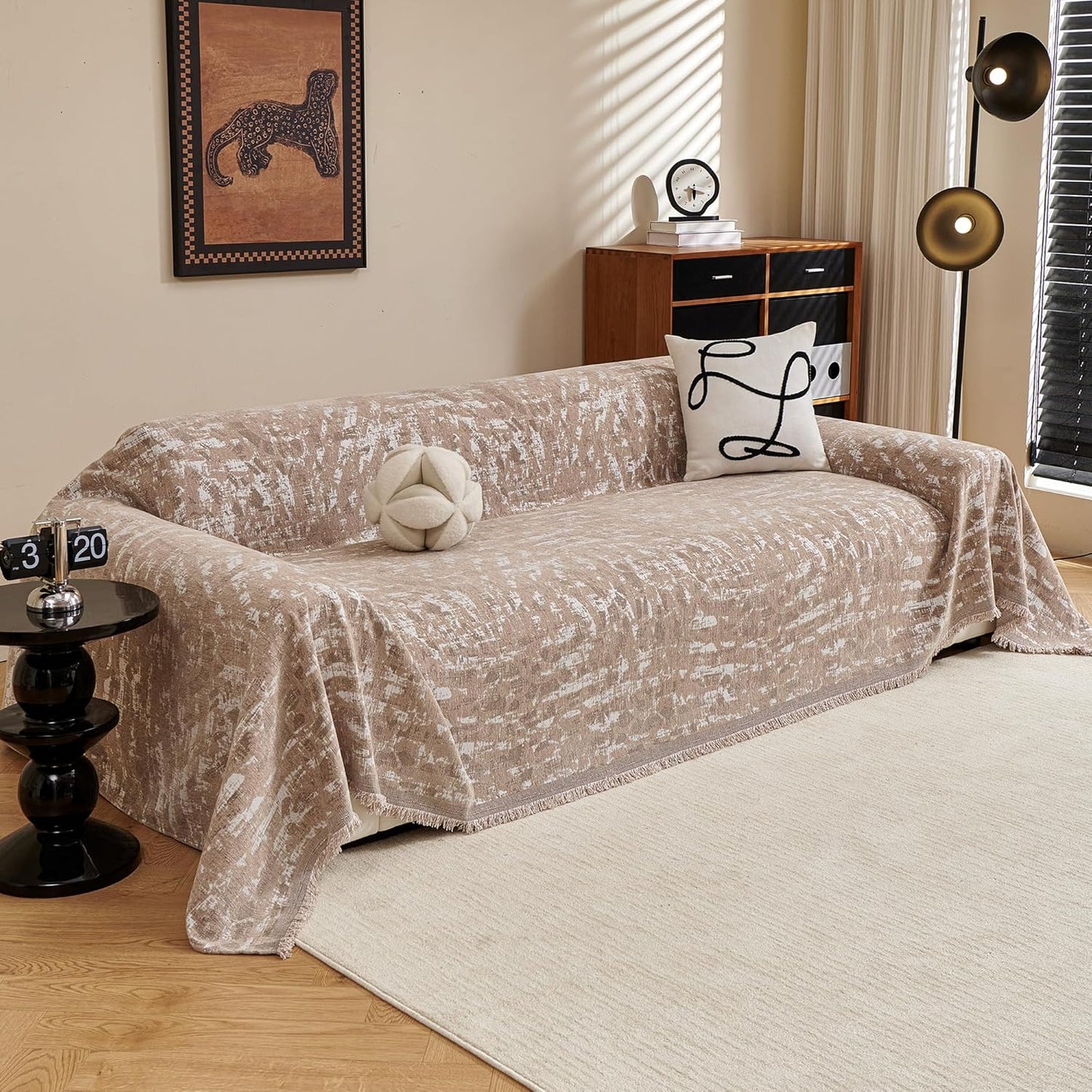 MYSKY HOME Couch Covers for 3 Cushion Couch Sofa, Chenille L Shape Sectional Couch Cover - Pet-Friendly, Machine Washable, Non-Slip Sofa Protector for Dogs, Kids, 71"x118", Khaki Blur Mottling