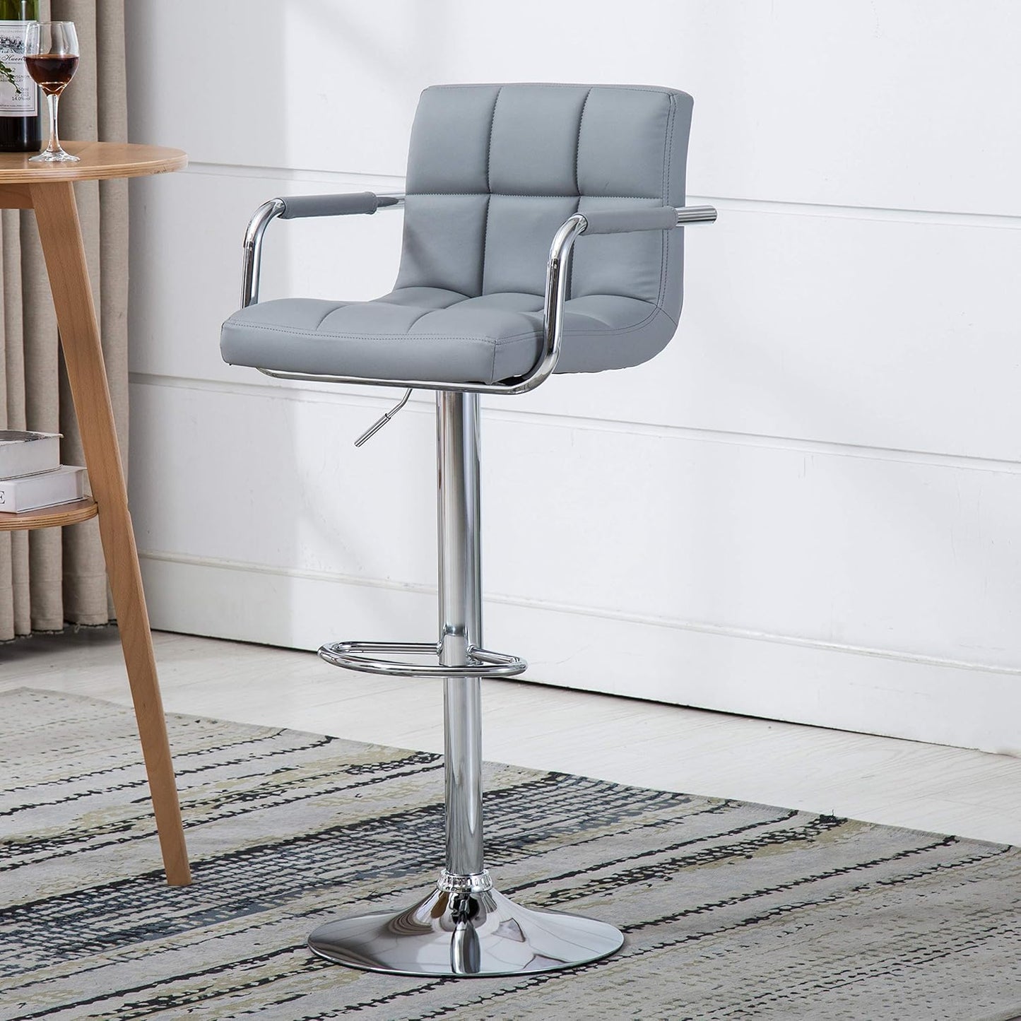 AC Pacific Contemporary Adjustable Swivel Kitchen Bar Stool Chair with Cushion and Armrest, 24"-33", Pewter Gray