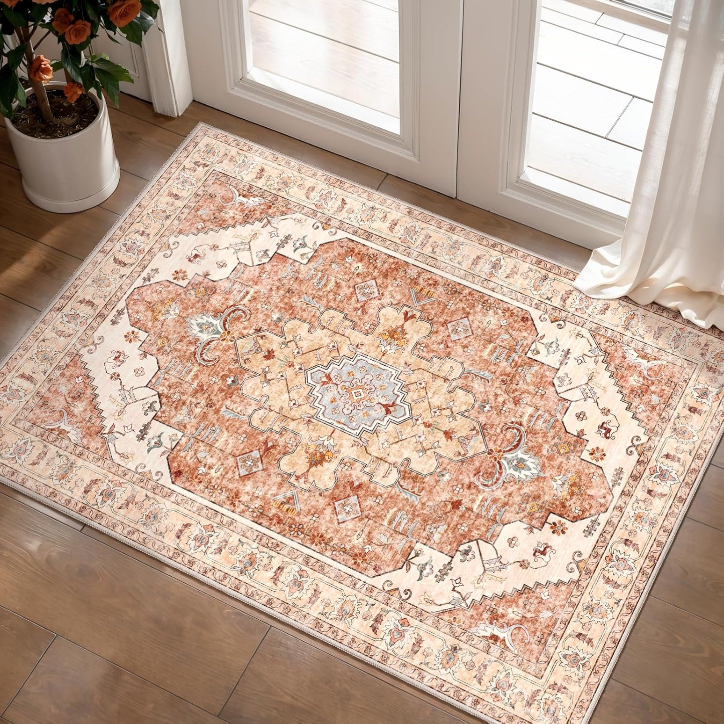 Tangsoo Vintage Rug 2x3 Washable for Entryway, Non Slip Small Area, Indoor Front Door Rug, Print Distressed Brick Red Door Mat Carpet, Soft Low Pile for Entrance Kitchen Bedroom Bathroom