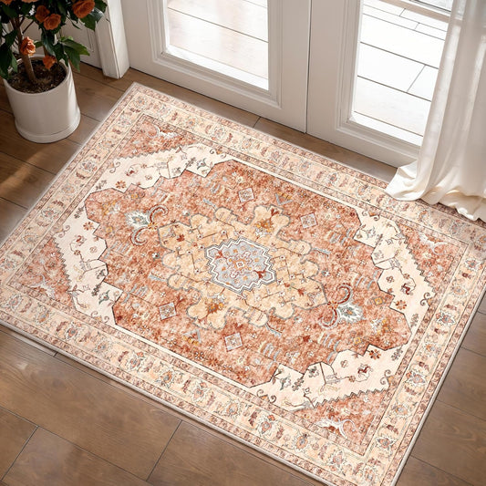 Tangsoo Vintage Rug 2x3 Washable for Entryway, Non Slip Small Area, Indoor Front Door Rug, Print Distressed Brick Red Door Mat Carpet, Soft Low Pile for Entrance Kitchen Bedroom Bathroom