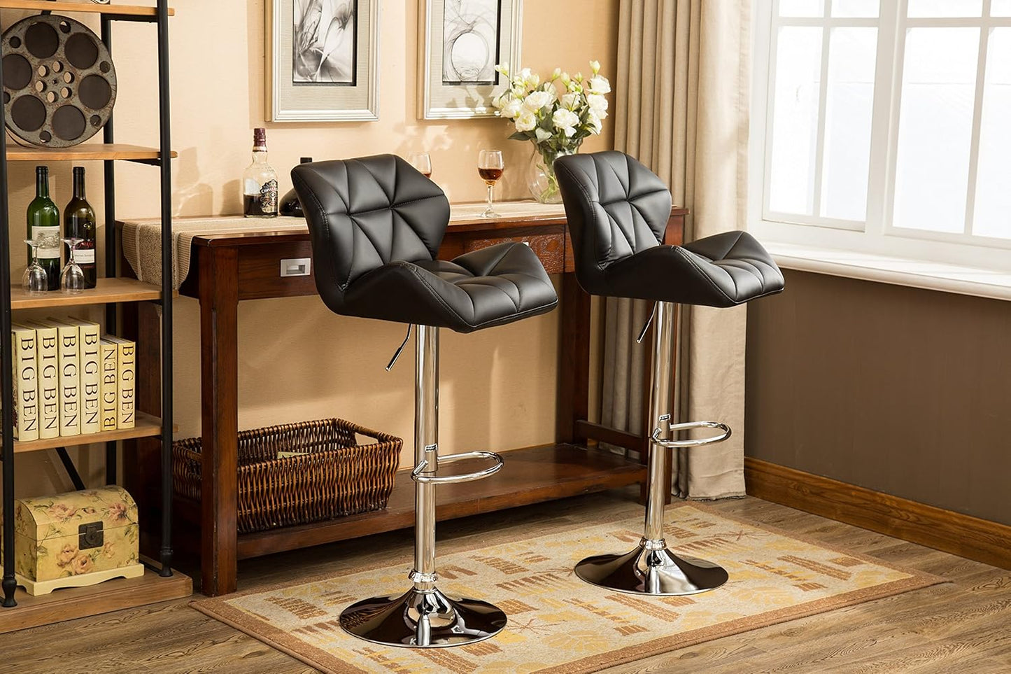 Roundhill Furniture Glasgow Contemporary Tufted Adjustable Height Hydraulic Black Bar Stools, Set of 2,
