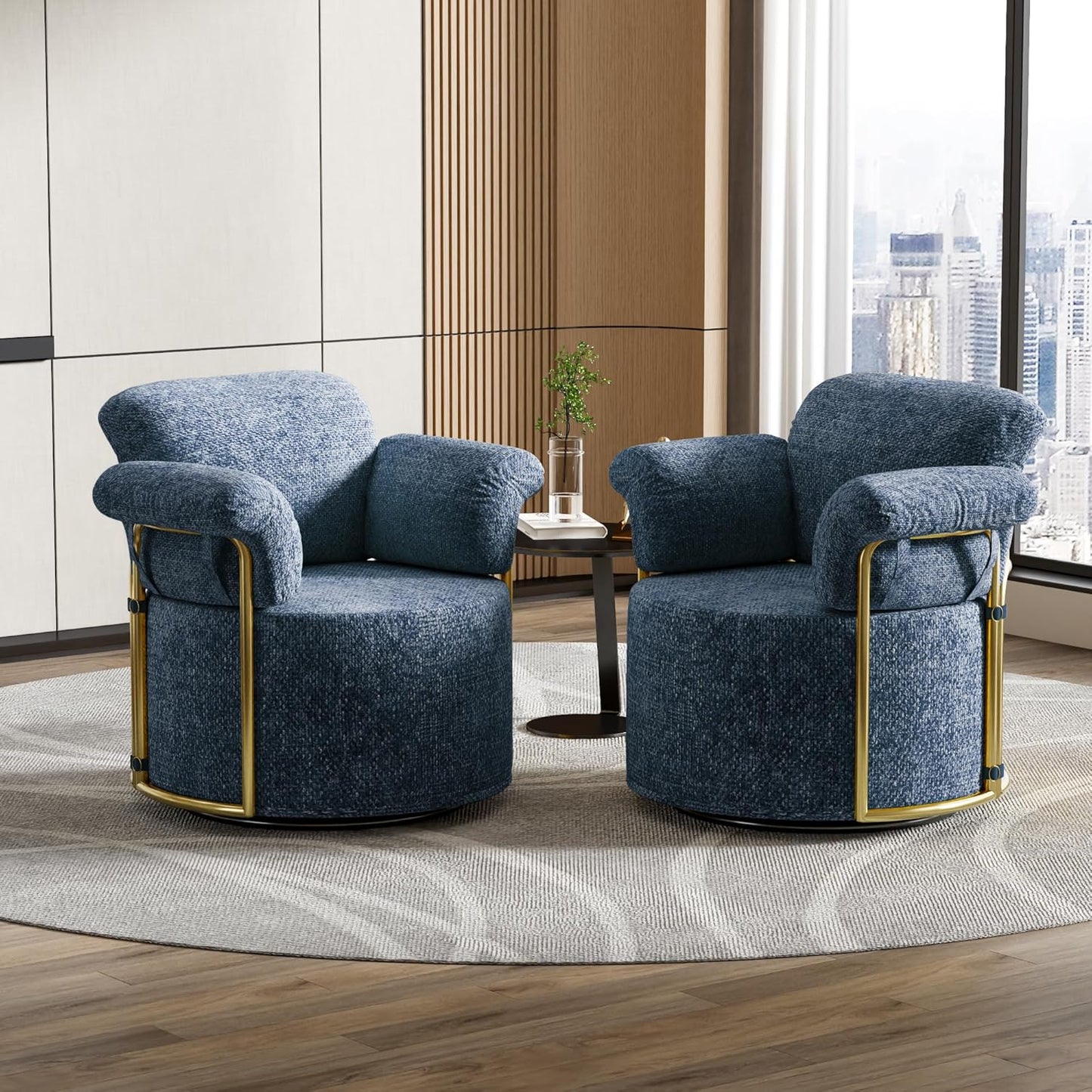 KEIKI Modern Comfy Swivel Accent Reading Chair, 360°Round Upholstered Barrel Armchair Single Club Lounge Sofa Chairs for Living Room,Bedroom, Office,Blue
