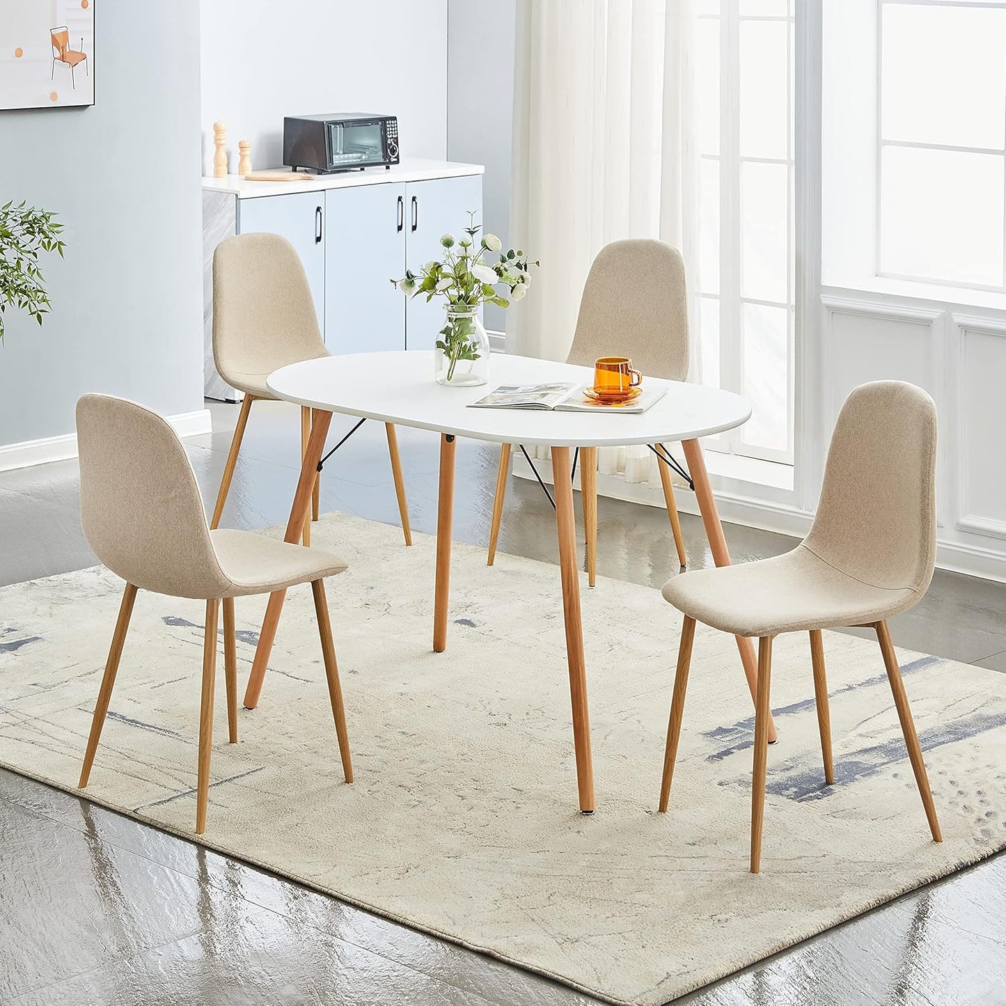 FurnitureR Dining Chairs Set of 4, Upholstered Fabric Armless Dining Room Seating, Side Chair Mid-Back with Metal Legs for Kitchen Living Room Bedroom, Light Beige