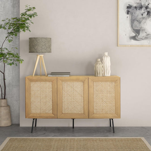 NTC MOSSIC Modern Sideboard with 3 Doors, Natural Rattan Storage Cabinet, Buffet with Metal Legs, Boho Accent Cabinet for Living Room, and Entryway, Effortless Assembly, Sand