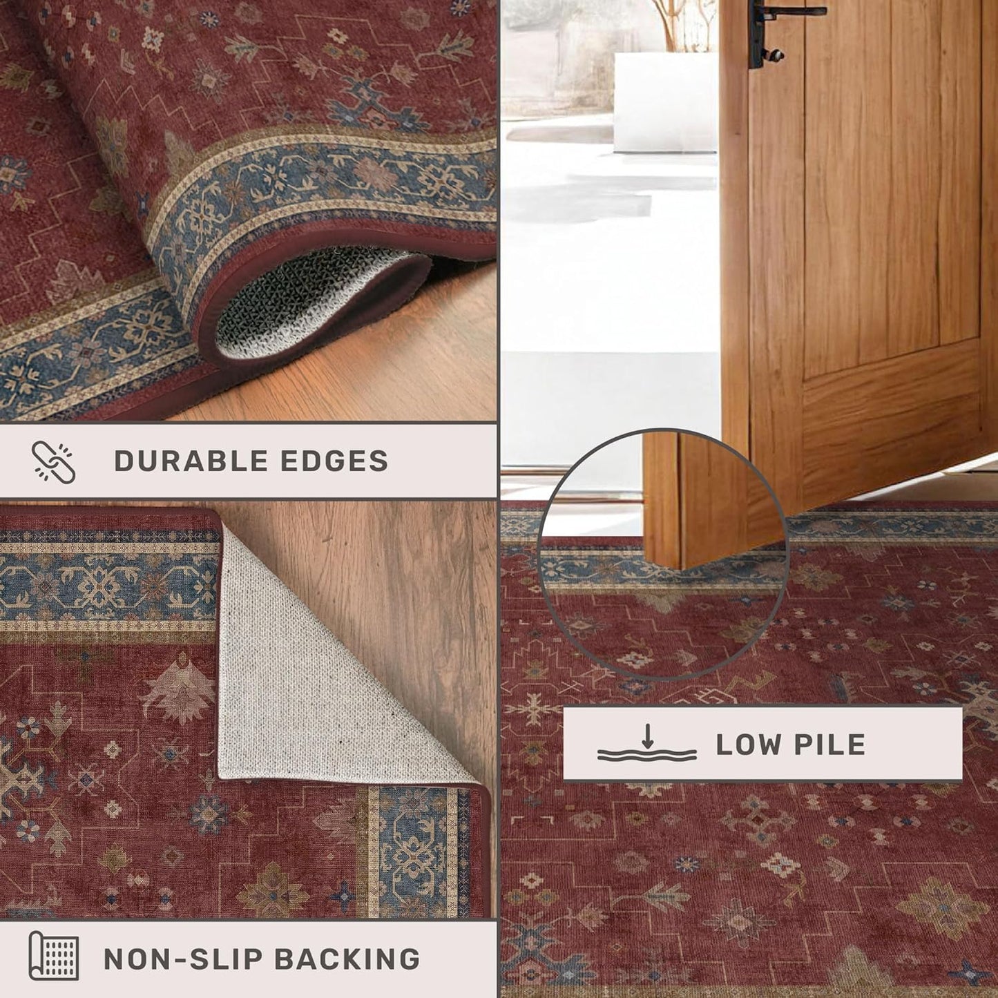 Burgundy 2x3 Washable Rugs for Entryway Indoor, Boho Kitchen Rug for Floor, Bathroom, Doormat Indoor Entrance, Waterproof Non Slip Low Pile Stain & Fade Resistant, Modern Eclectic Floral Decor