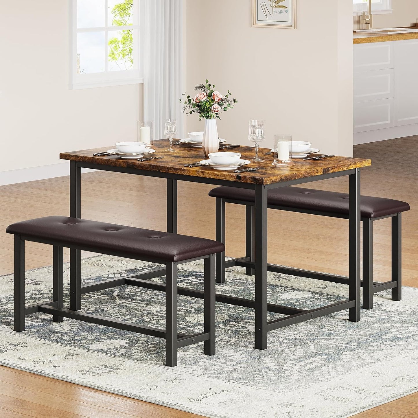 Dining Table Set for 4, Kitchen Table with 2 Upholstered Benches, 3-Piece Dining Room Set for Kitchen, Apartment and Small Spaces, Brown