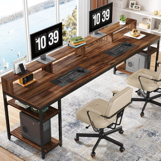 Tribesigns Two Person Desk with Monitor Stand, 78.74" Long Double Computer Office Desk with Storage Shelves, Large Gaming Study Writing Table Workstation for Home Office (Rustic Brown)