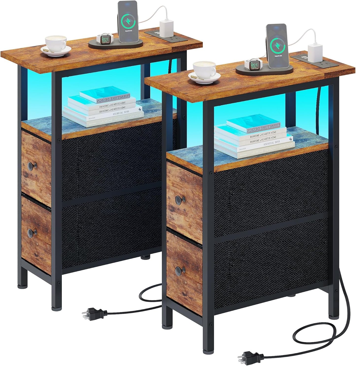 End Table Set 2 with Charging Station, Narrow Side Table with 2 Fabric Drawers, Skinny Nightstand with LED Light, Slim Bedside Table for Bedroom, Living Room, Small Spaces, Rustic Brown