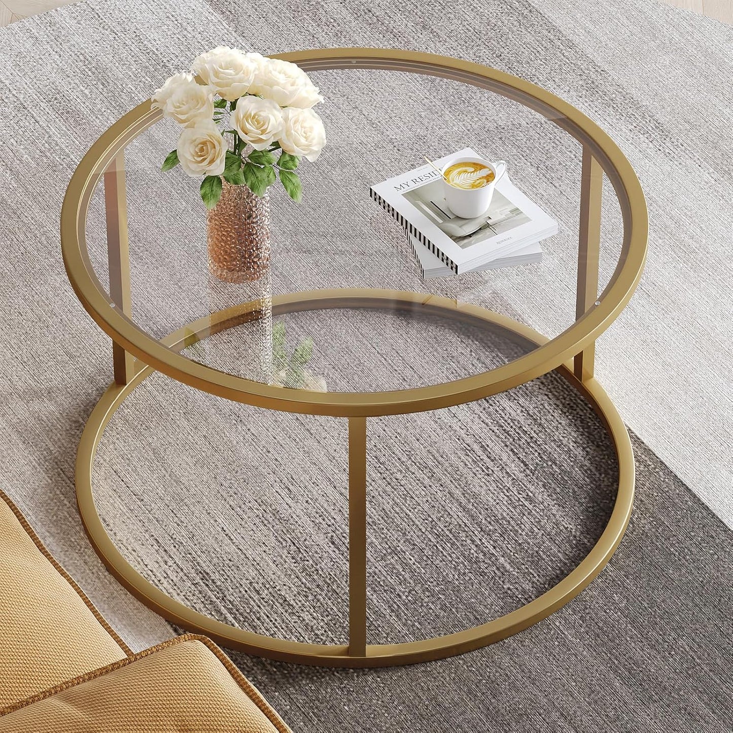SAYGOER Small Glass Coffee Table Round Gold Coffee Table for Small Space Modern Simple Center Table with Gold Frame for Living Room Home Office, Easy Assembly