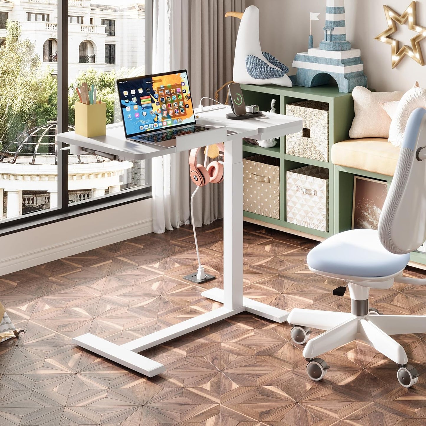 Standing Desk, Medical Overbed Table with Rolling Tray and Power Outlet, Dual Pneumatic Angle and Height Adjustable Desk, Portable Side Table with Drawer, Home & Hospital Use, White