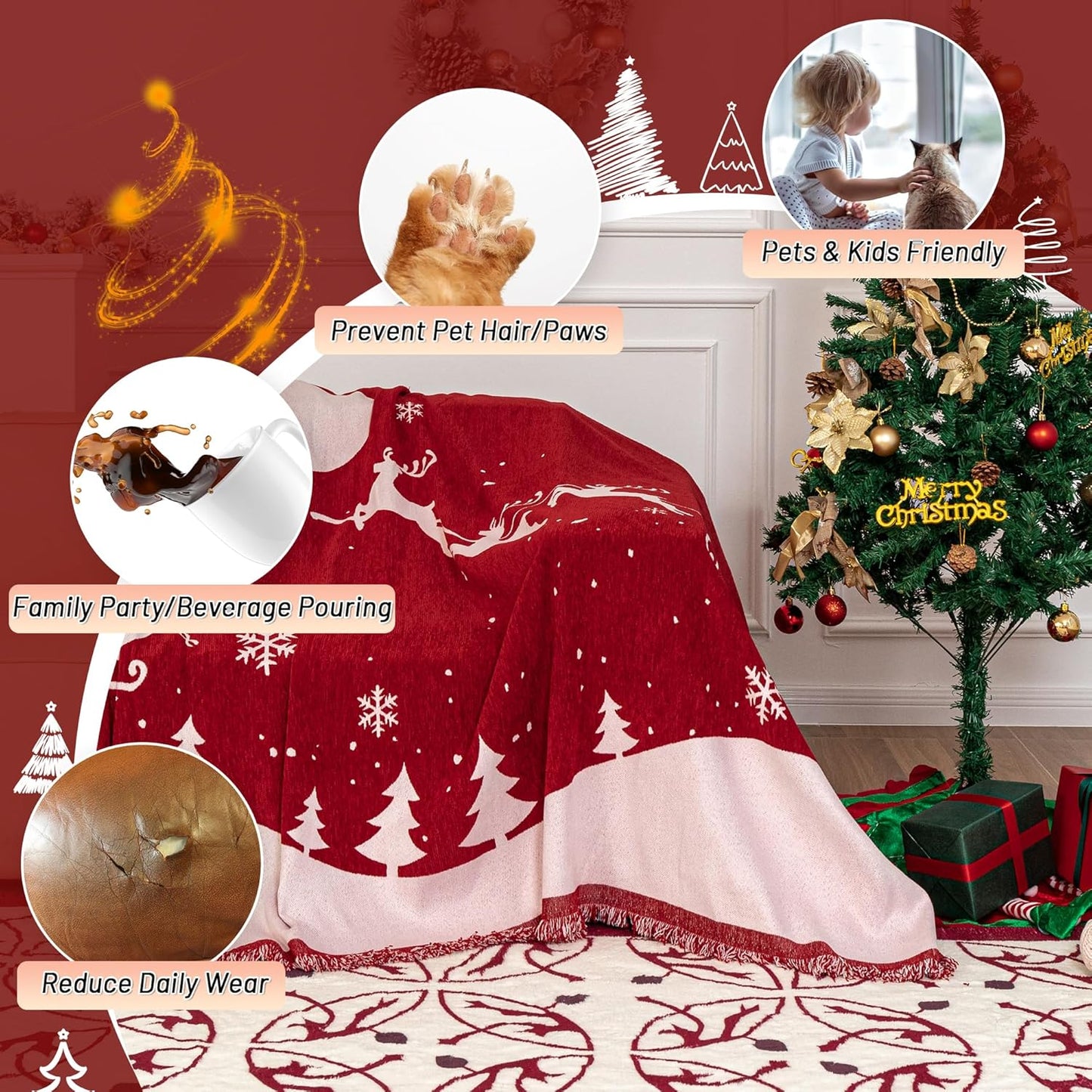 MYSKY HOME Sofa Cover Couch Covers for Sofa, Couch Sofa Covers for 3 Cushion Couch Sofa, Non Slip Soft Couch Sofa Cover, Couch Cover for Dogs Washable Furniture Protector, 71"x134", Christmas Red