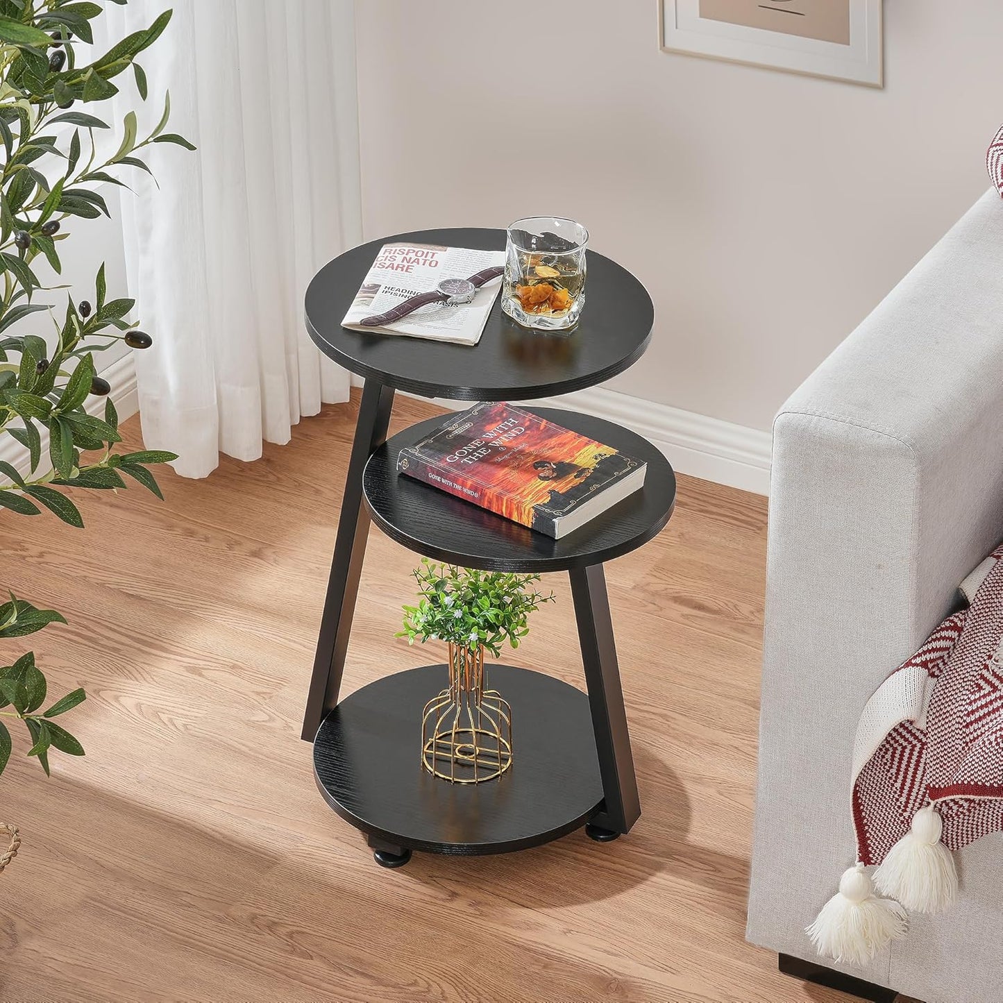 BEWISHOME Round End Table Side Table with Metal Frame, Accent Nightstand Bedside Table with 3-Tier Shelves, Small Couch Table for Living Room Bedroom Black KTZ41B