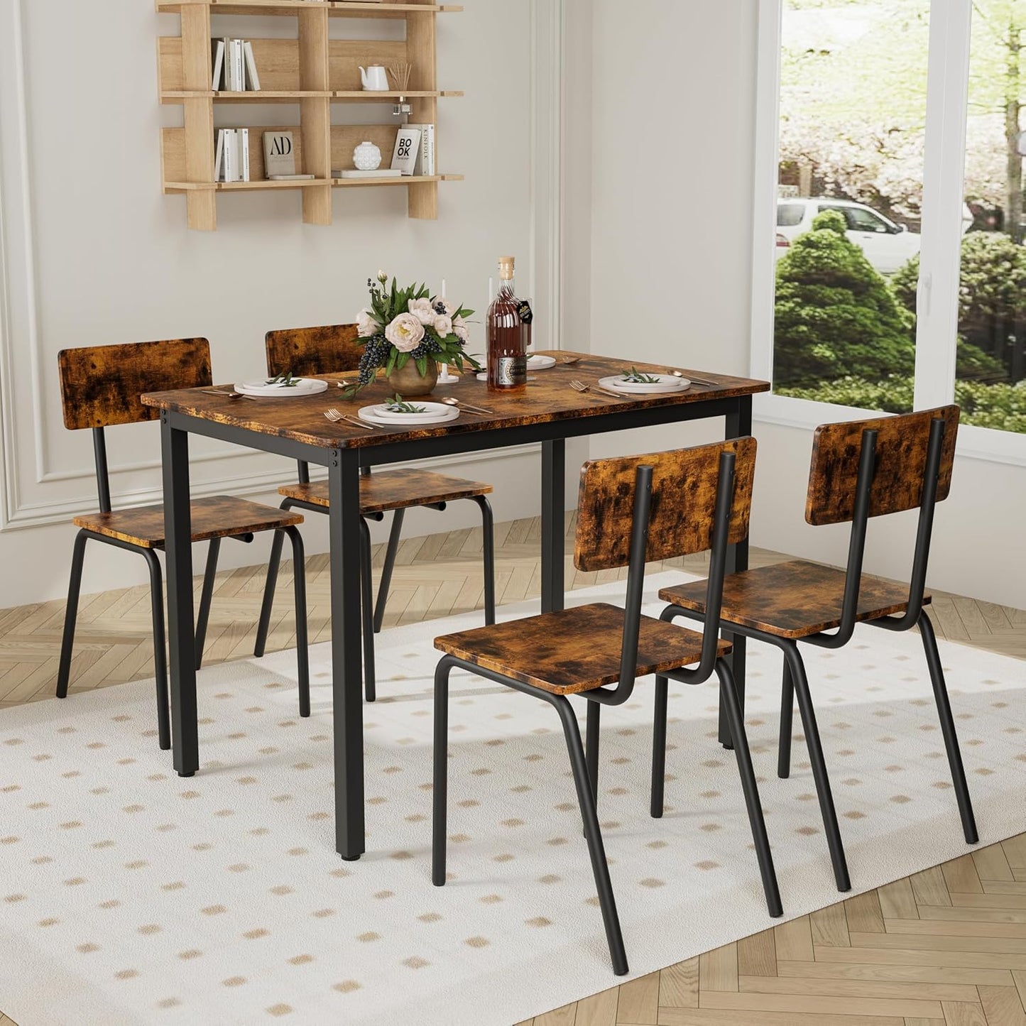 Ball & Cast 5 Pieces Dining Table Set with 4 Chairs,Kitchen Table and Chairs for 4 W/ 43" Rectangle Desk,Living Room Furniture W/Anti-Slip Foot Pads and Corner Protection,for Small Space,Brown