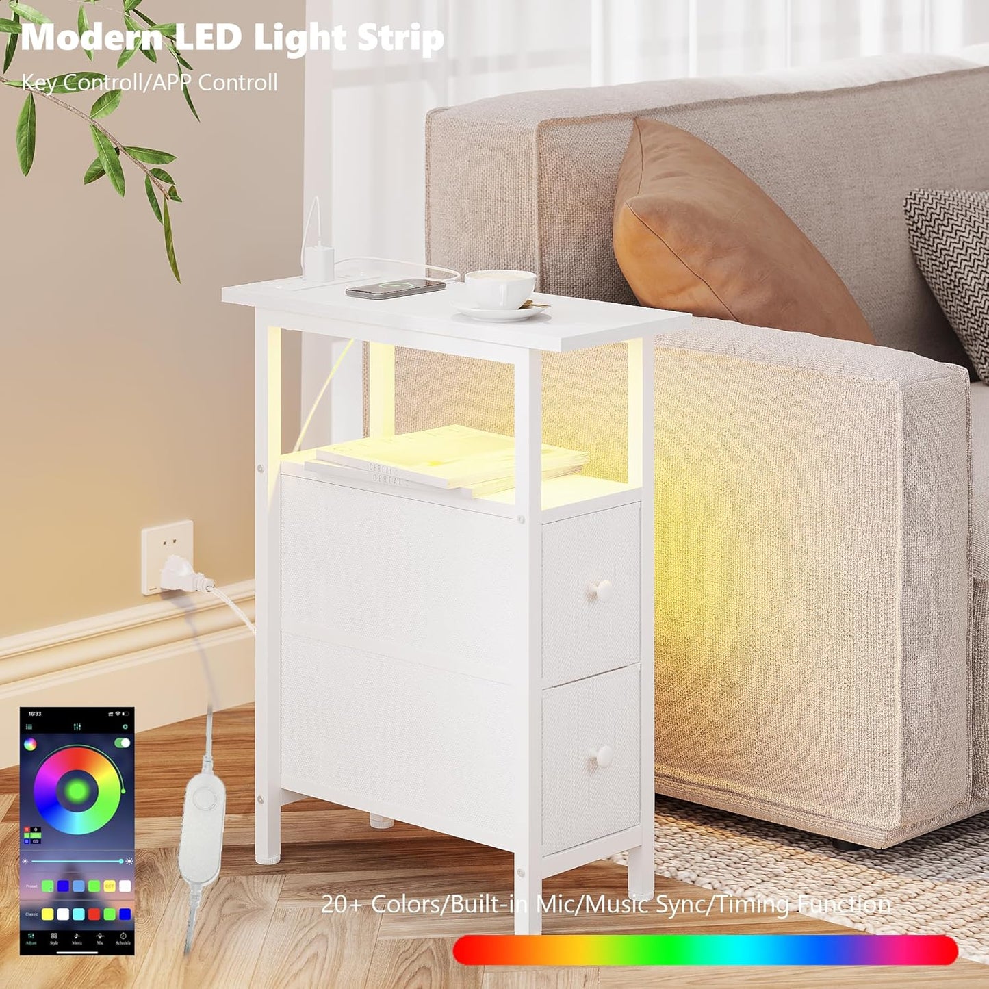 End Table Set 2 with Charging Station, Narrow Side Table with 2 Fabric Drawers, Skinny Nightstand with LED Light, Slim Bedside Table for Bedroom, Living Room, Small Spaces, White