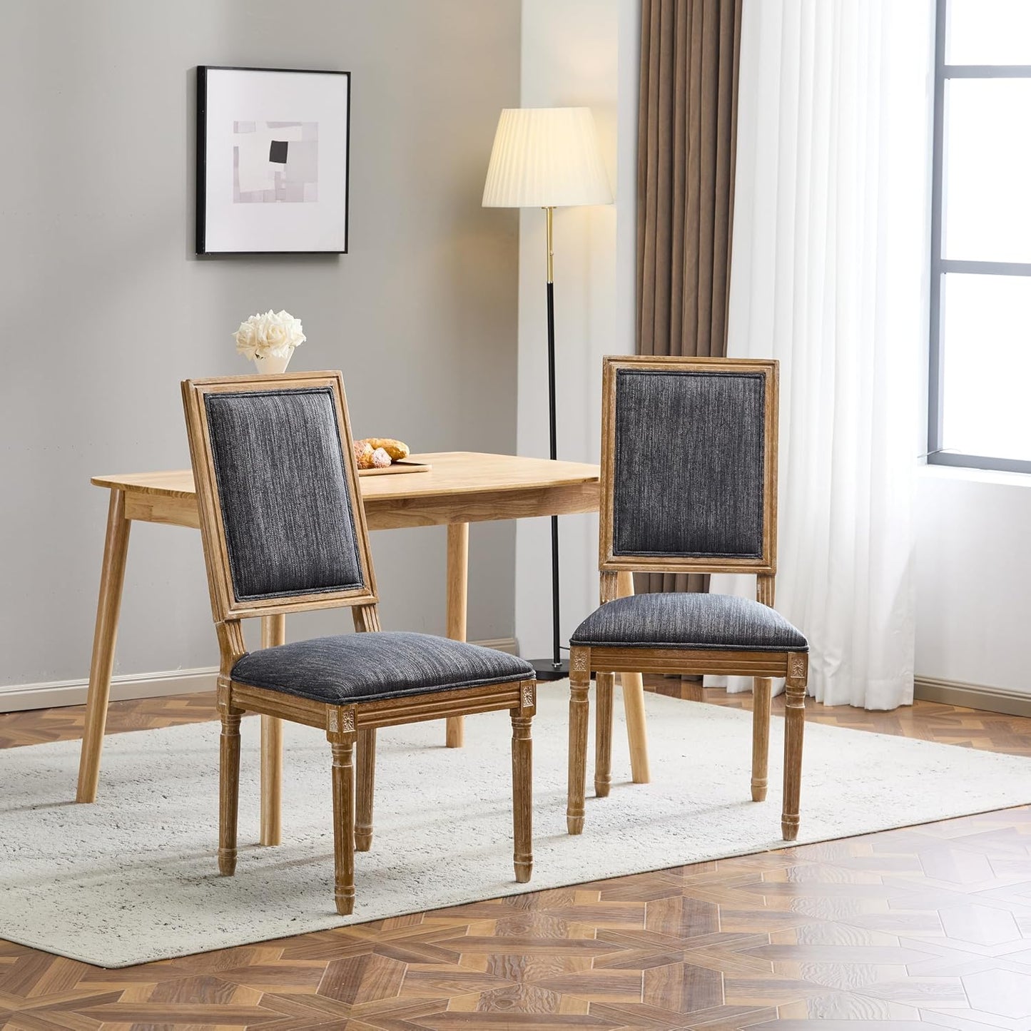 Christopher Knight Home Regina French Country Dining Chairs Set of 2, Wooden Dining Room Chair, High Back Kitchen Side Chair, Fabric Upholstered Armless Extra Seat, Blue Grey