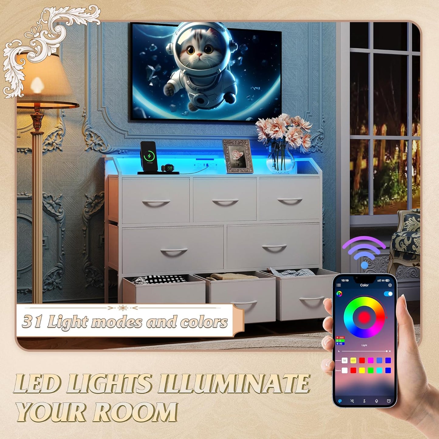 WLIVE Led Dresser for Bedroom, White Dresser TV Stand for Bedroom with LED Lights and Power Outlet, Wide Chest of Drawers for Hallway, 8 Fabric Drawers for Living Room and Entryway, Easy to Assemble