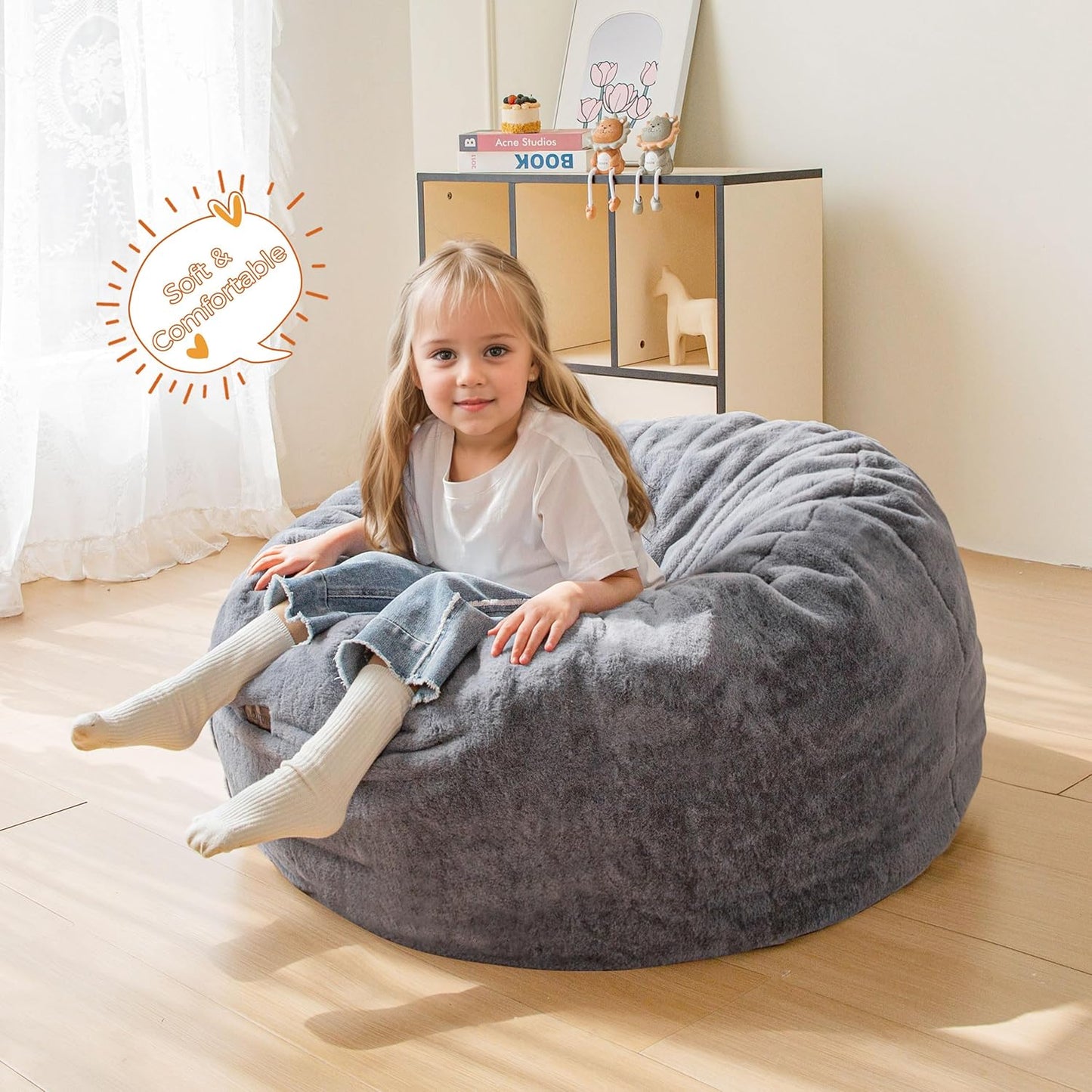 MAXYOYO Kids Bean Bag Chair, Stuffed Faux Fur Bean Bag for Toddler, Ultra Soft Floor Sofa with High-Density Foam Filling, Lazy Chair for Living Room, Playroom, Nursery Room