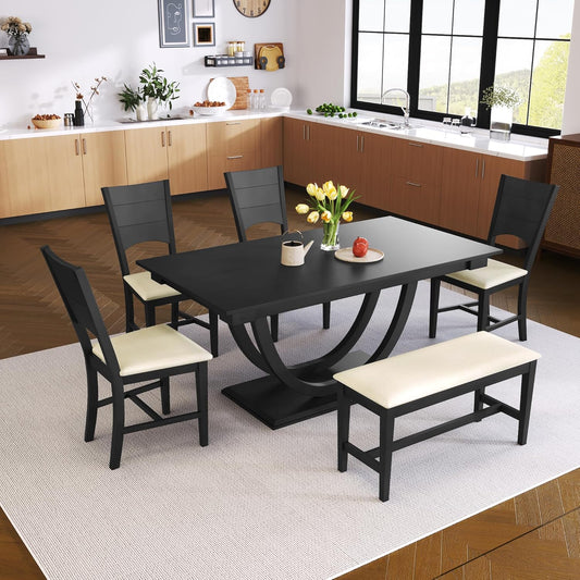 Ball & Cast Dining Table Set for 6,6-Piece Kitchen Table Set W/ 1 Bench & 4 Cushioned Chairs,59" Rectangular Desk W/Half Round Legs & Rectangle Base,for Dining Room,Kitchen,Restaurant,Gray