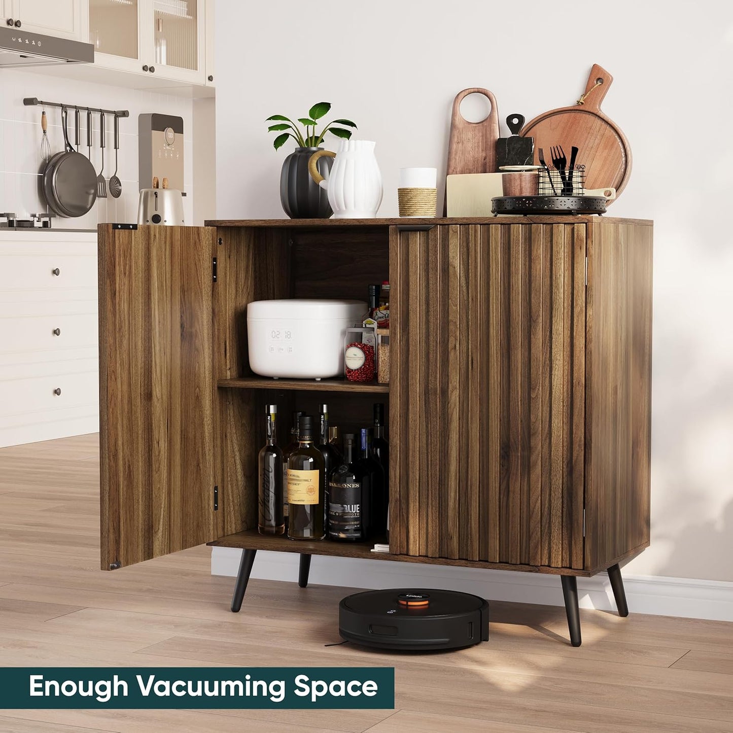 Semiocthome Walnut Buffet Cabinet with Storage, Sideboard Cabinet with Fluted Doors and Metal Legs, Storage Cabinet with Adjustable Shelf, Accent Table for Living Room, Dining Room, Kitchen, Entryway