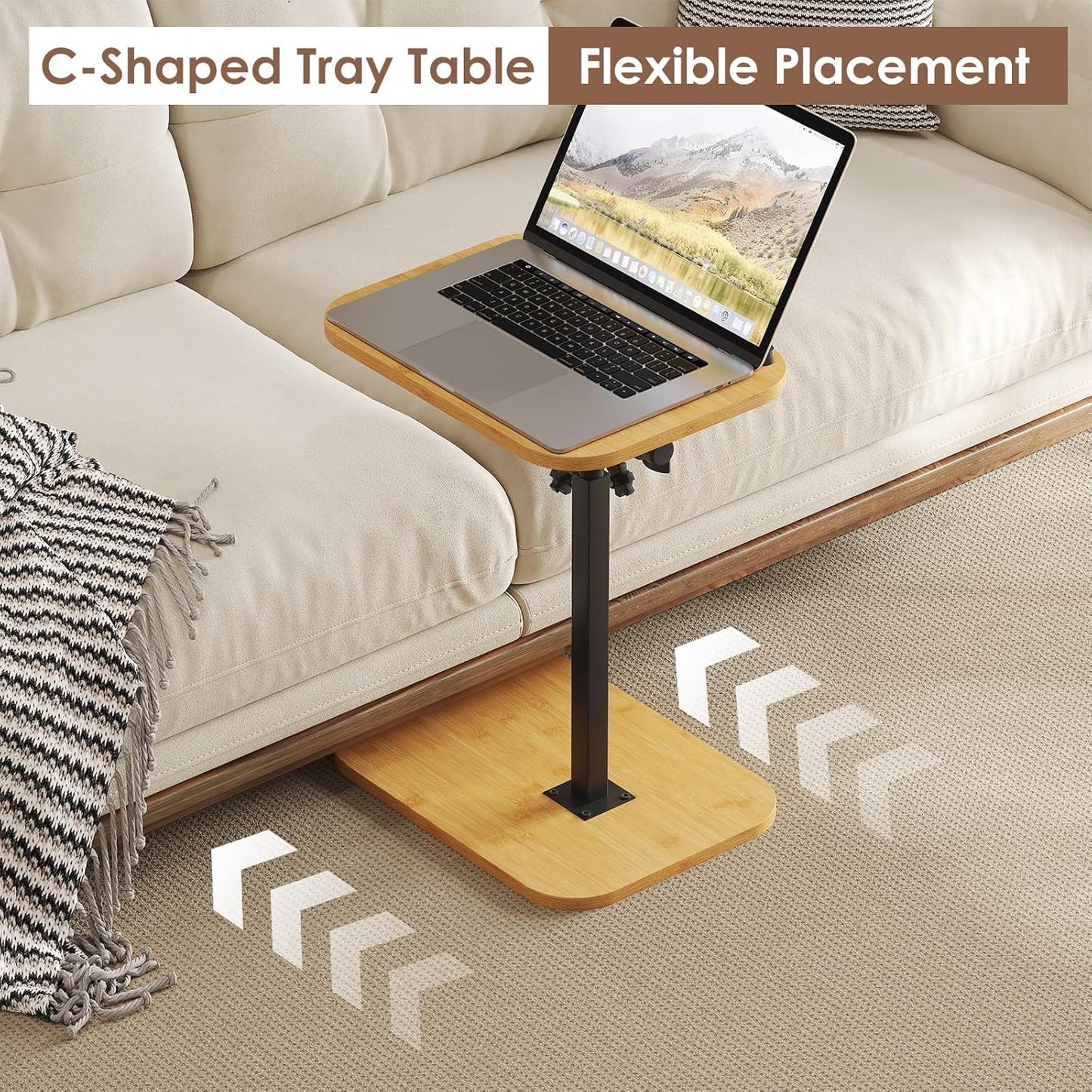 Sofa Couch Arm Table Tv Tray Small Bed Stand C Shaped Side End Tables for Living Room, Bedroom, Natural
