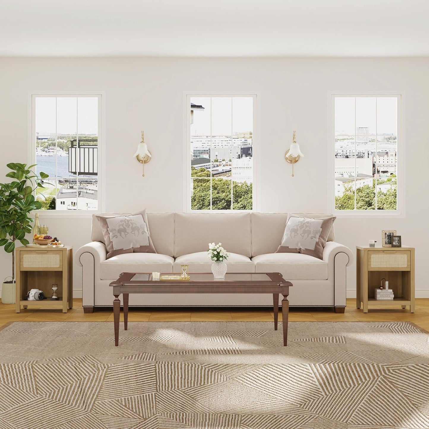 Rattan Nightstand, Farmhouse Bedside Table with Opening Storage,Large Side Table with Drawer,Boho Night Stand,Wooden End Table,Handmade Solid Wood Handle,Natural CTG65Y