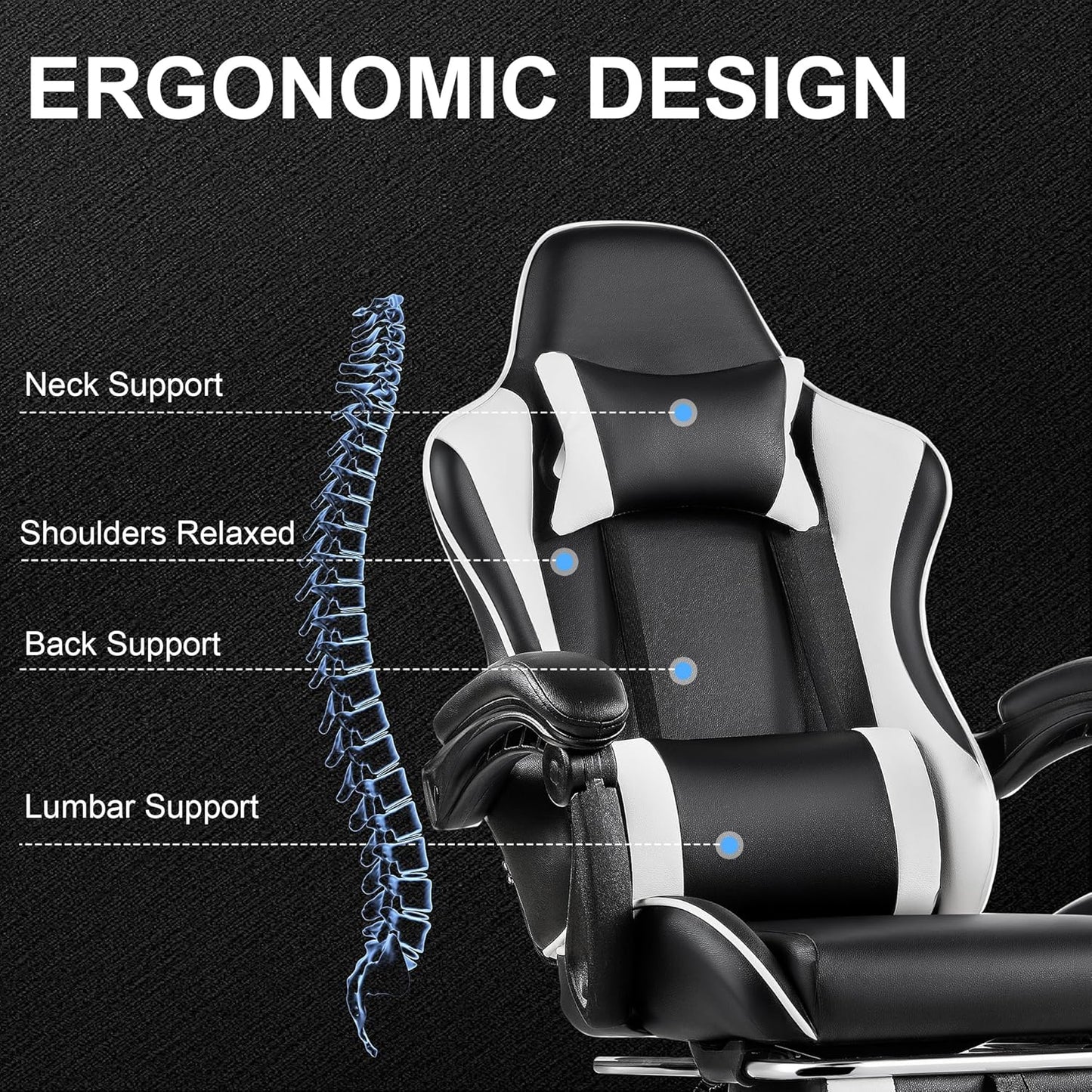 VECELO Ergonomic Gaming Chair with Footrest, Comfy Recliner Computer Chair, Swivel Seat, Height Adjustable, High Back PU Leather, Lumbar Support, Headrest for Adults, Black