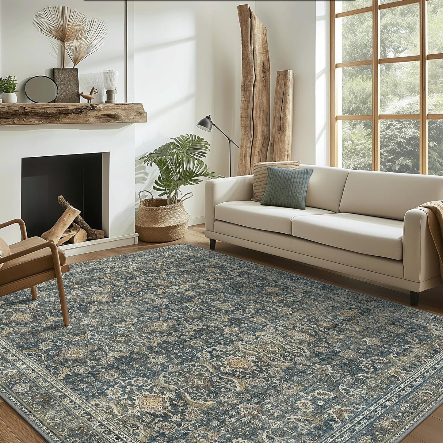 2X7 Area Rugs Machine Washable Rugs for Living Room, Vintage Boho Large Rugs for Bedroom Dining Room, Non Slip Indoor Soft Distressed Lightweight Thin Low Pile Carpet, Deep