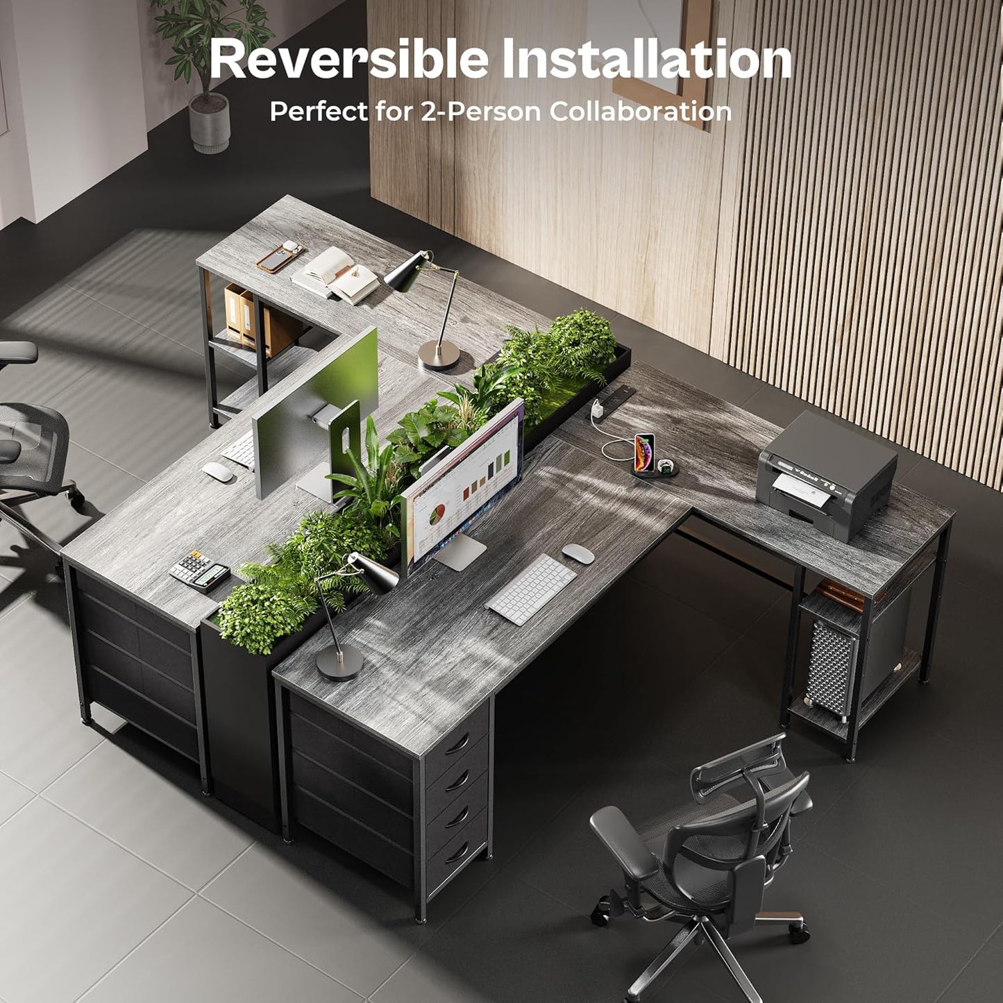 Huuger 63 Inch L Shaped Desk with Fabric Drawers, Reversible Computer Gaming Desk with Power Outlets and USB-C Port, Adjustable Side Storage Shelves, for Work Study Corner Home Office, Grey