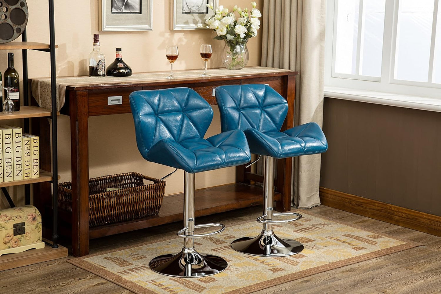 Roundhill Furniture Glasgow Contemporary Tufted Adjustable Height Hydraulic Blue Bar Stools, Set of 2,