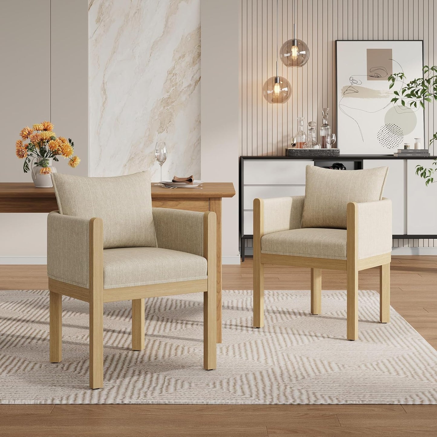 Christopher Knight Home Lucid Linen Upholstered Dining Chairs Set of 2, Rubber Wood Dining Room Chairs, Modern Armchair, Extra Seating for Dining Room, Versatile Indoor Furniture, Beige + Natural