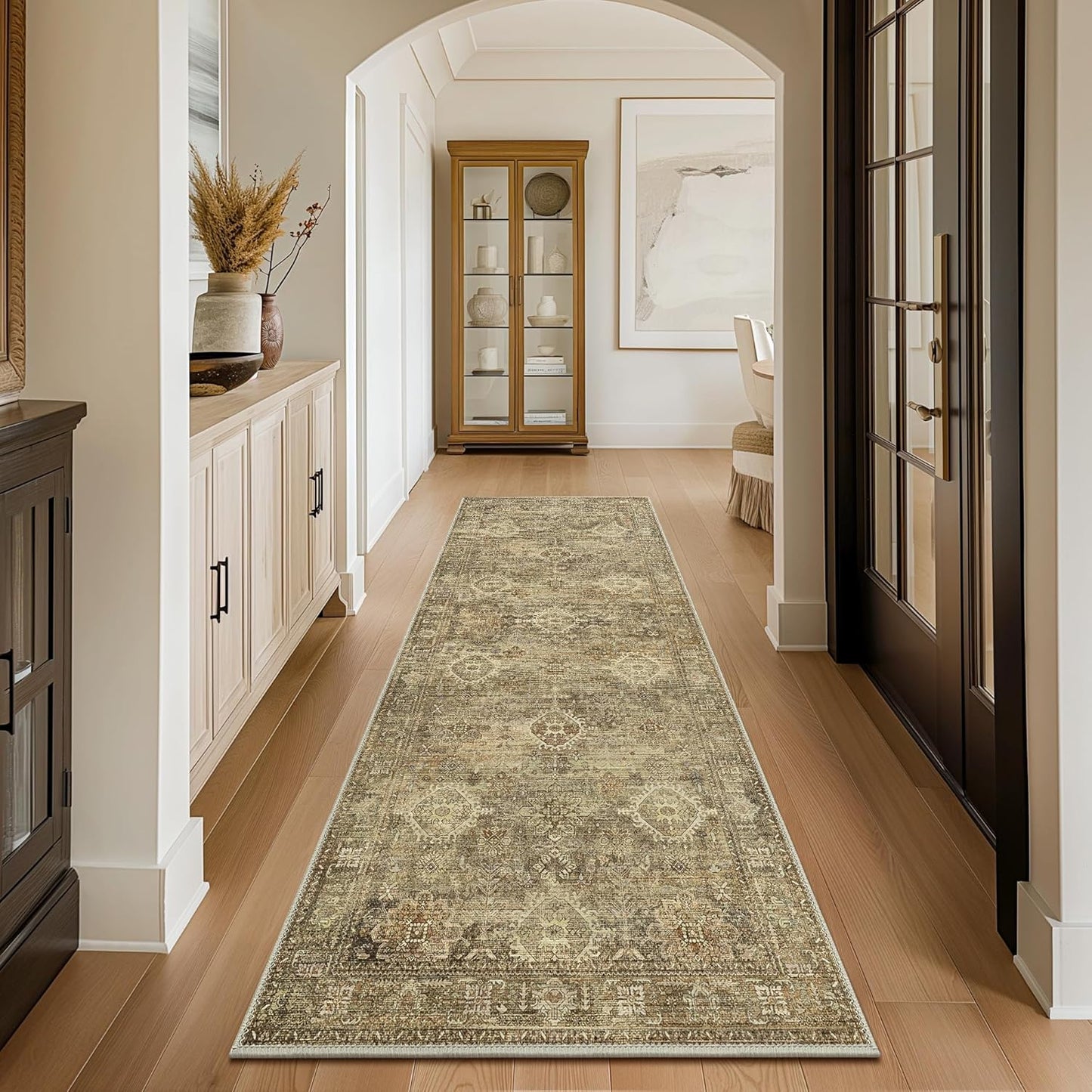 GENIMO 2X5 Hallway Runner Rug, Machine Washable Non Slip Vintage Floral Patchwork Runners, Thin Low Pile Chenille Carpet Runners for Entryway, Kitchen, Bathroom, Bedroom, Straw