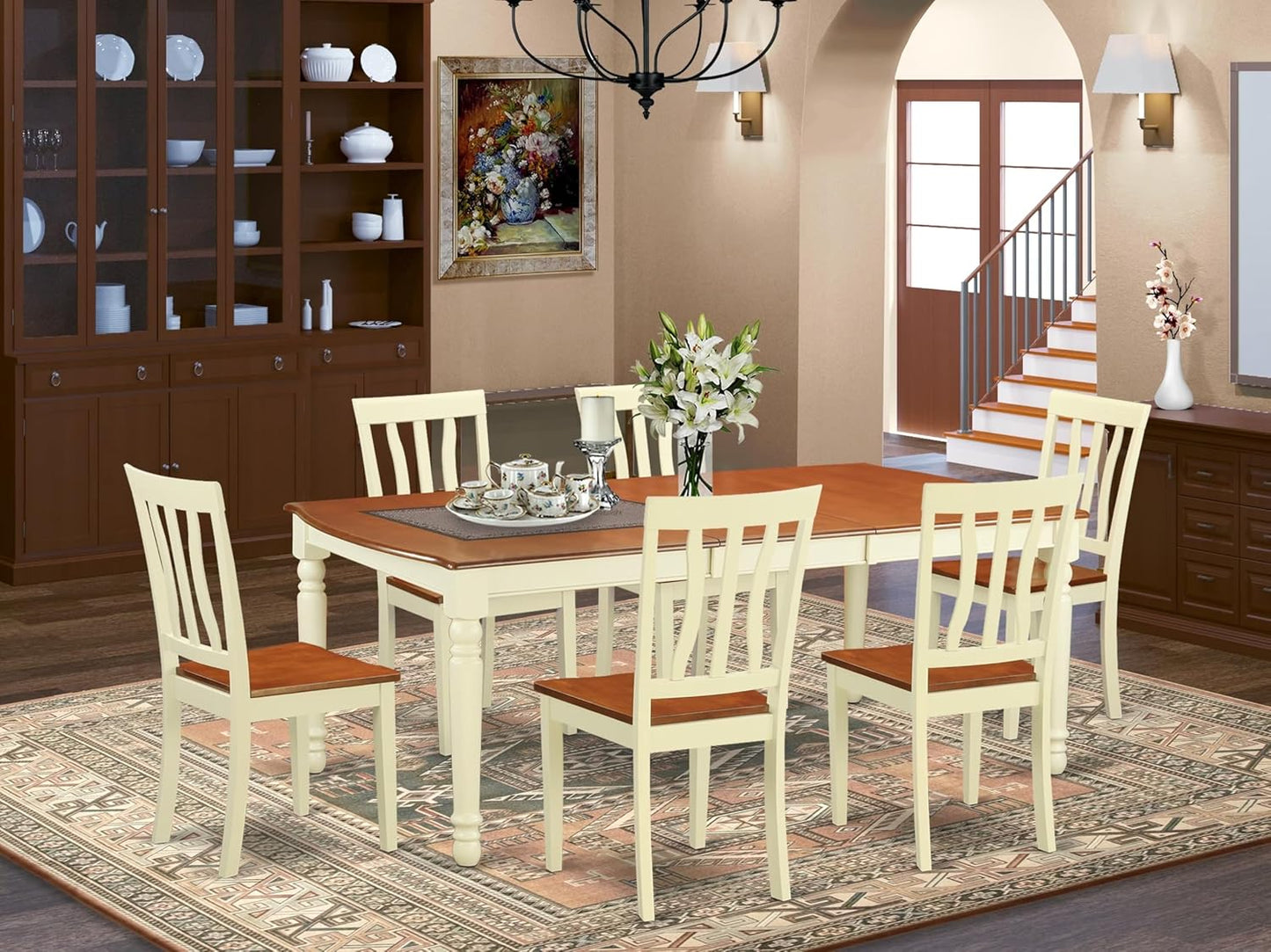 East West Furniture DOAN7-WHI-W 7 Piece Kitchen Table Set Consist of a Rectangle Dining Table with Butterfly Leaf and 6 Dining Room Chairs, 42x78 Inch, Buttermilk & Cherry