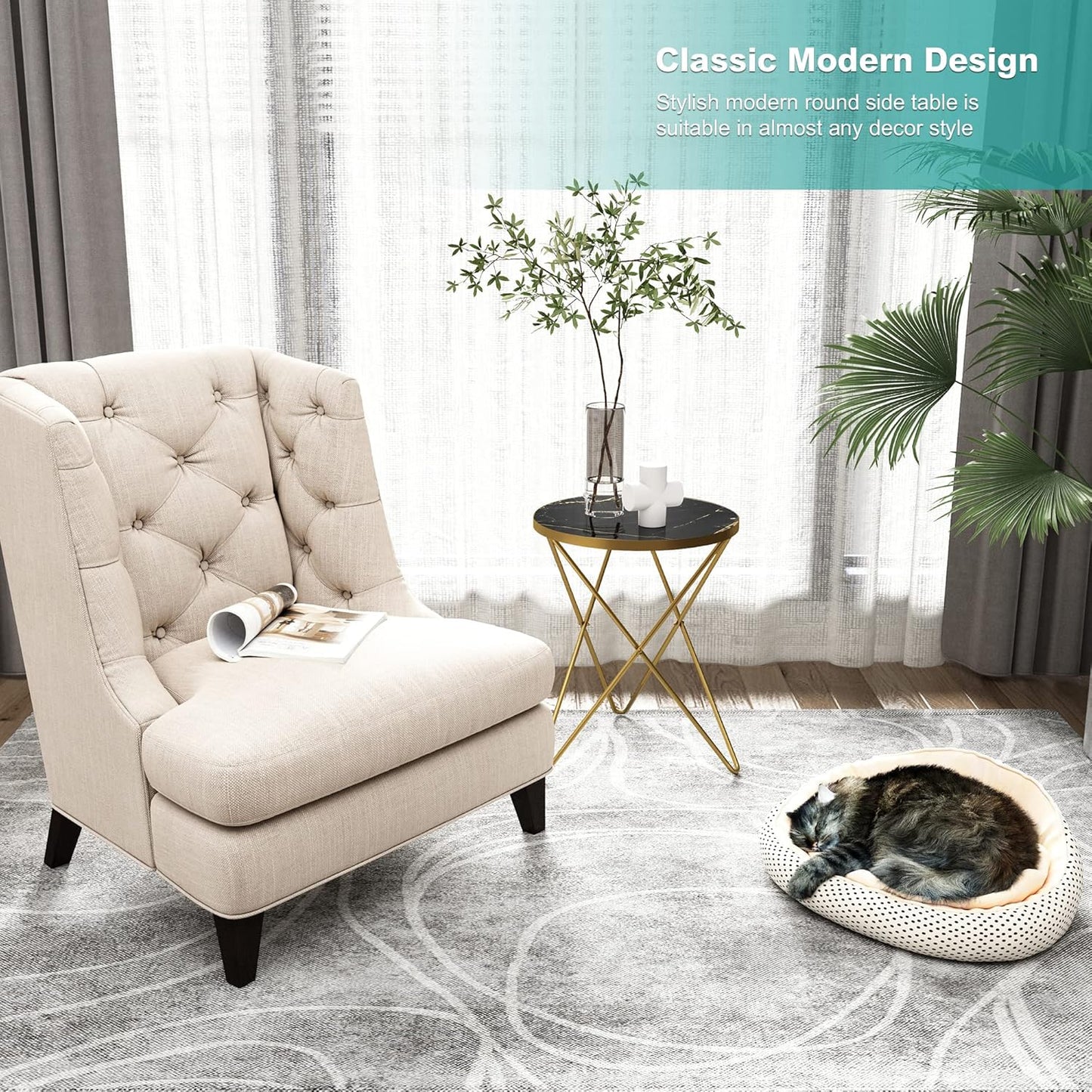 HLR Modern Round Side Table, End Table with Marble Effect Top and Gold Metal Frame, Small Side Table for Living Room, Bedroom, Sofa and Couch, Gold Legs, Black Marble top