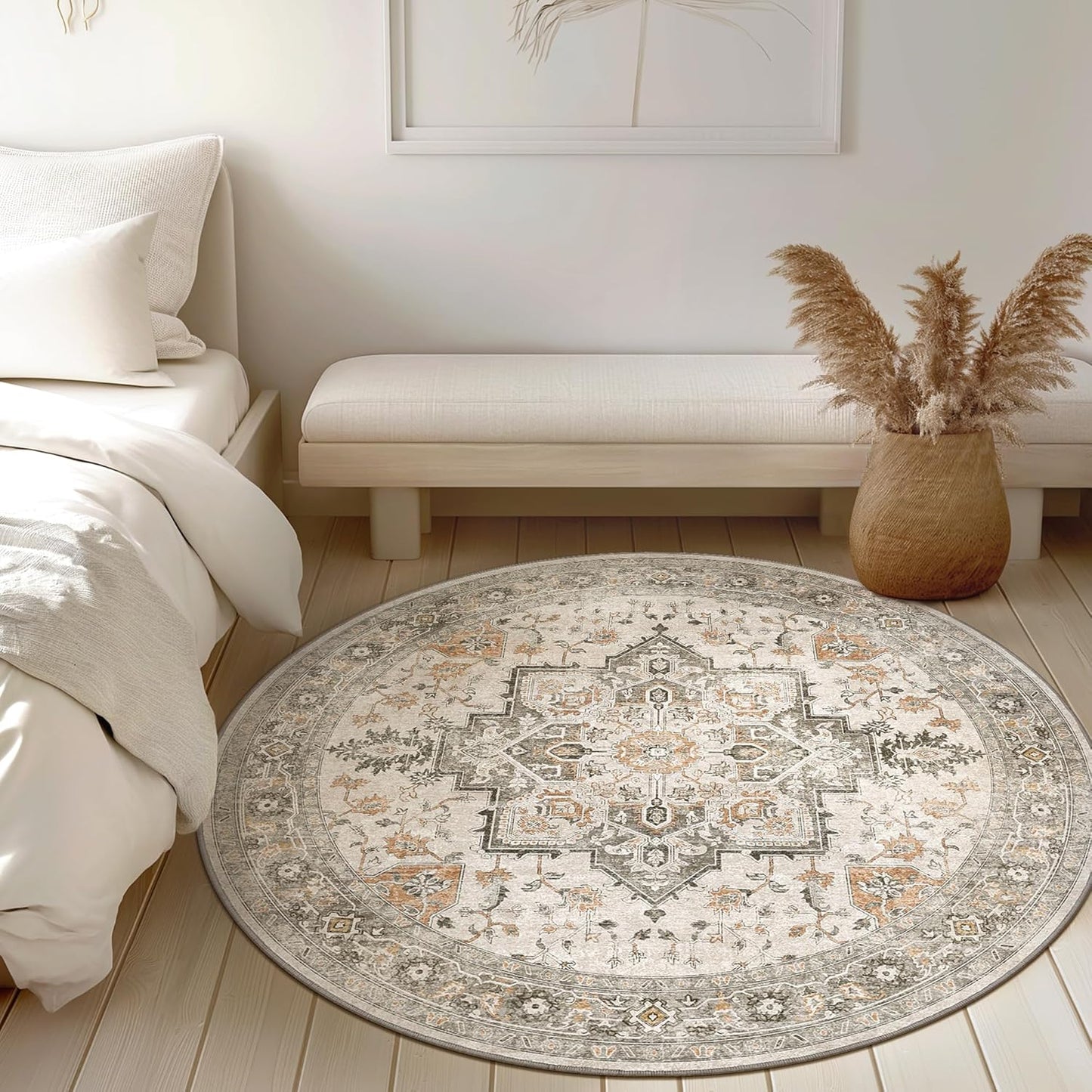 GENIMO 3FT Round Area Rugs for Living Room, Circle Rugs Machine Washable Low Pile, Chenille Non Slip Vintage Rug for Bedroom, Dining Room, Home Office, Light Taupe Brown