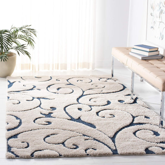 SAFAVIEH Florida Shag Collection Accent Rug - 4' x 6', Cream & Blue, Scroll Design, Non-Shedding & Easy Care, 1.2-inch Thick Ideal for High Traffic Areas in Entryway, Living Room, Bedroom (SG455-1165)
