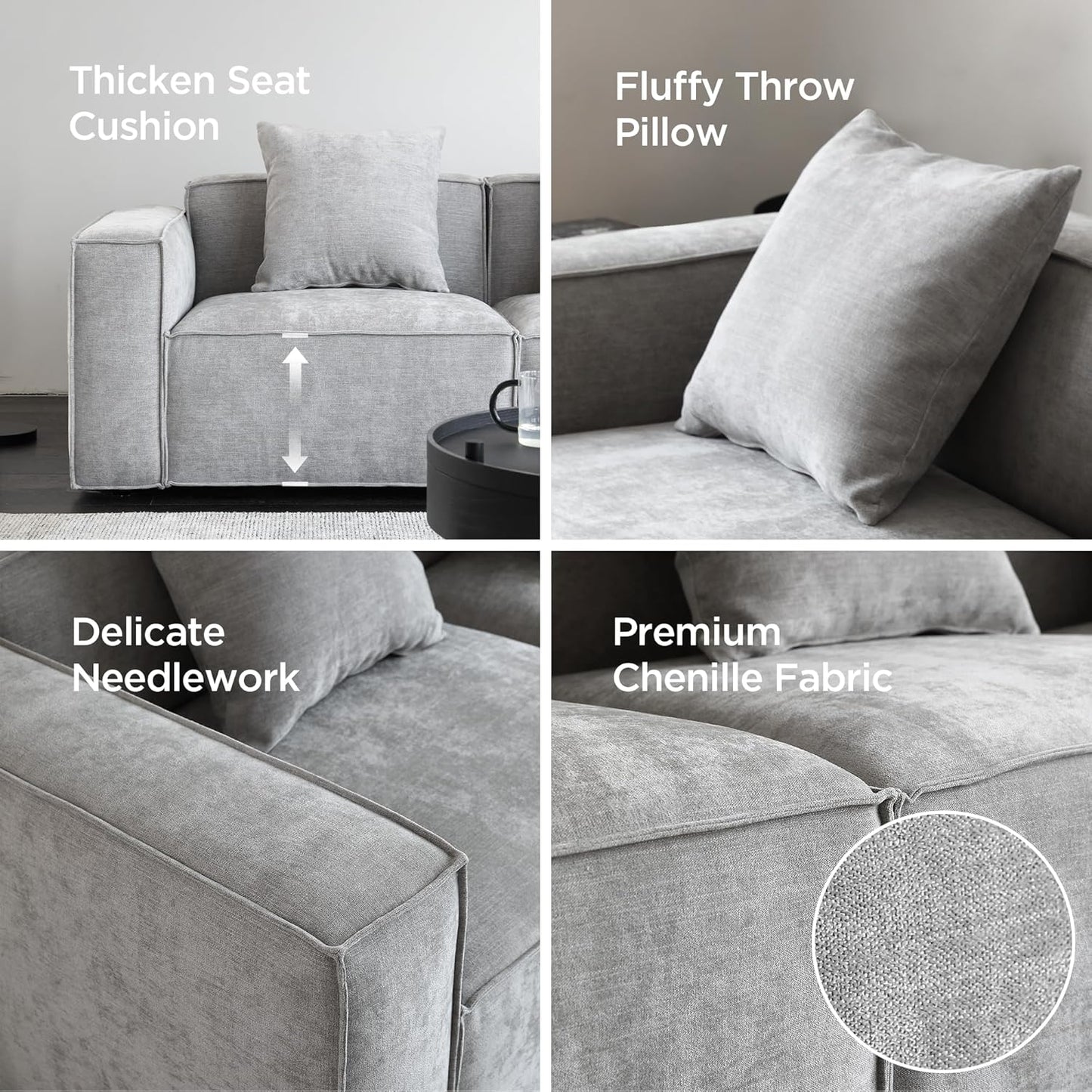 Acanva Luxury Modular Sectional Living Room Sofa Set, Modern Minimalist Style Couch with Ottoman and Chaise, L-Shape, Grey