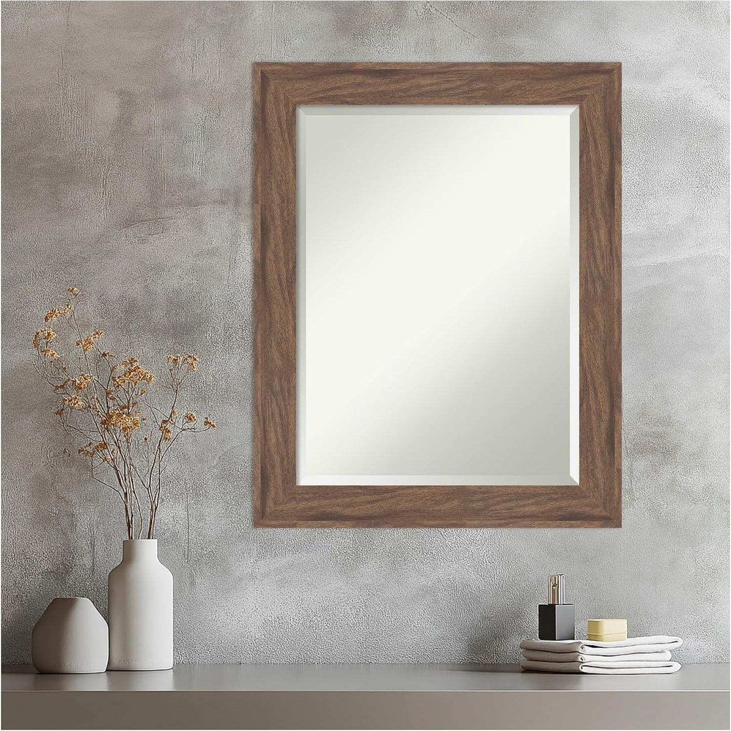 Amanti Art Brown Wall Mirror 29x23 Pia Medium Brown Rectangle Bathroom Mirror for Wall Decor Living Room, Medium Casual Frame, Hangs Horizonally and Vertically, Bathroom Decor, Beveled Edge