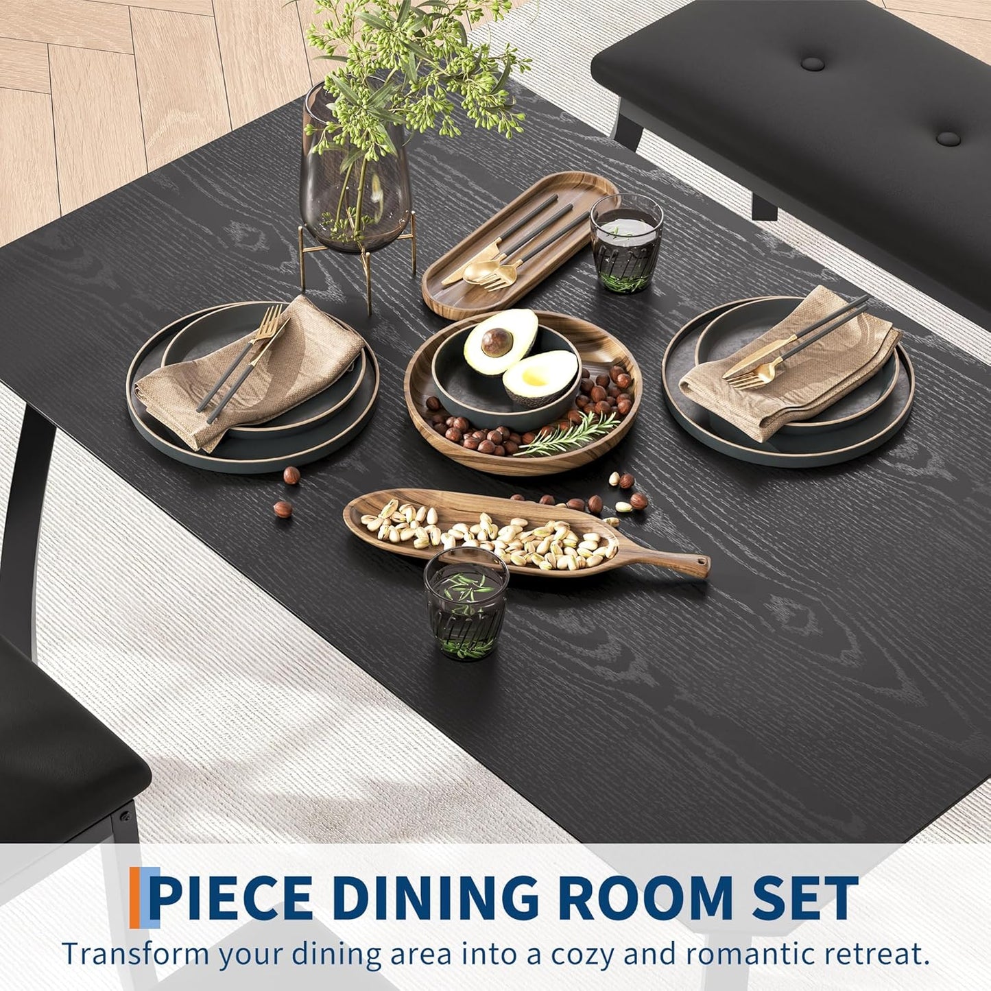 GAOMON Dining Table Set for 4, Wooden Kitchen Table with Upholstered Bench & 2 Cushion Chairs, Space-Saving Dinette Set for Studio, Kitchen, Dining Room, Apartment(43''x28''x30''), Black