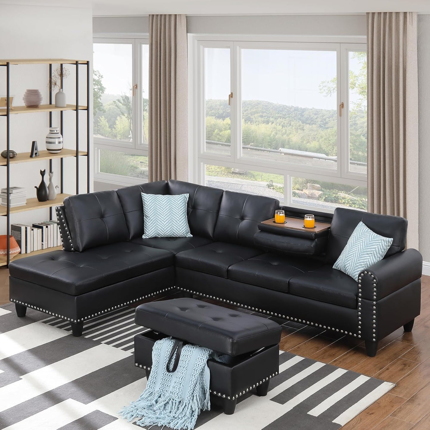 Ball & Cast 98" L Shaped Sectional Couch for Living Room with Chaise & Storage Ottoman,4 Seat Faux Leather Upholstered Modular Sectional Sofa Set 3 PCS W/Cup Holder&Nailhead Trim,for Home,Office,Black